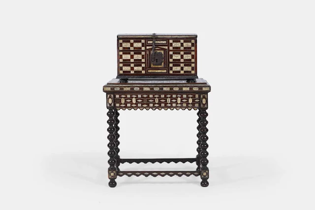 A Spanish colonial hardwood and bone chest on stand ('caja con bufete