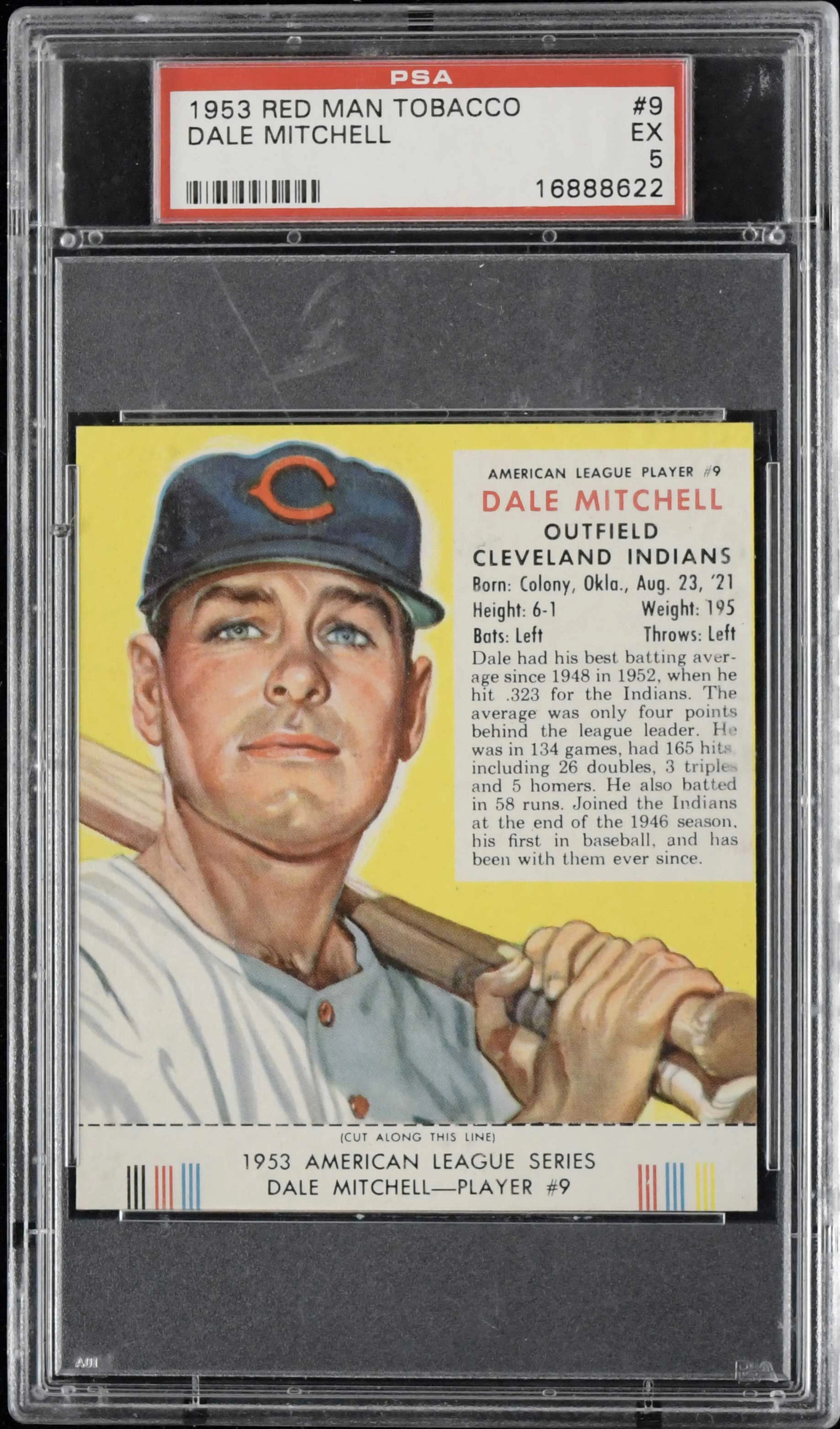 "1953 Red Man Tobacco #9 Dale Mitchell with tab (PSA 5 EX)