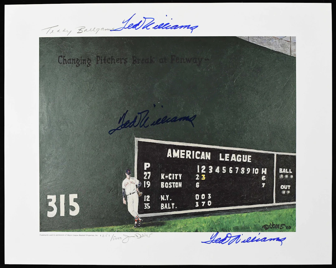 "Ted Williams triple-signed limited edition Jim Dobbins lithograph (NM)