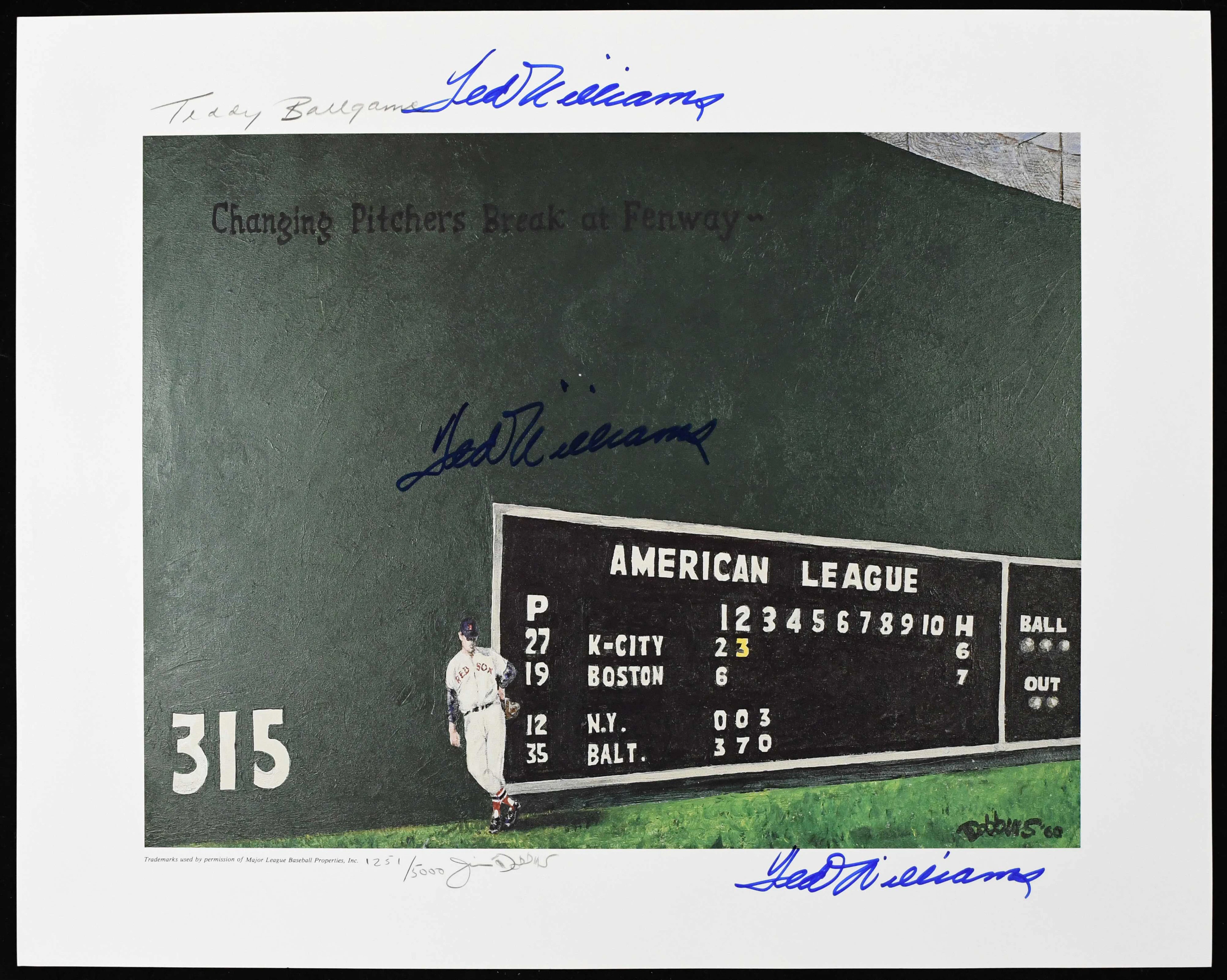 "Ted Williams triple-signed limited edition Jim Dobbins lithograph (NM)