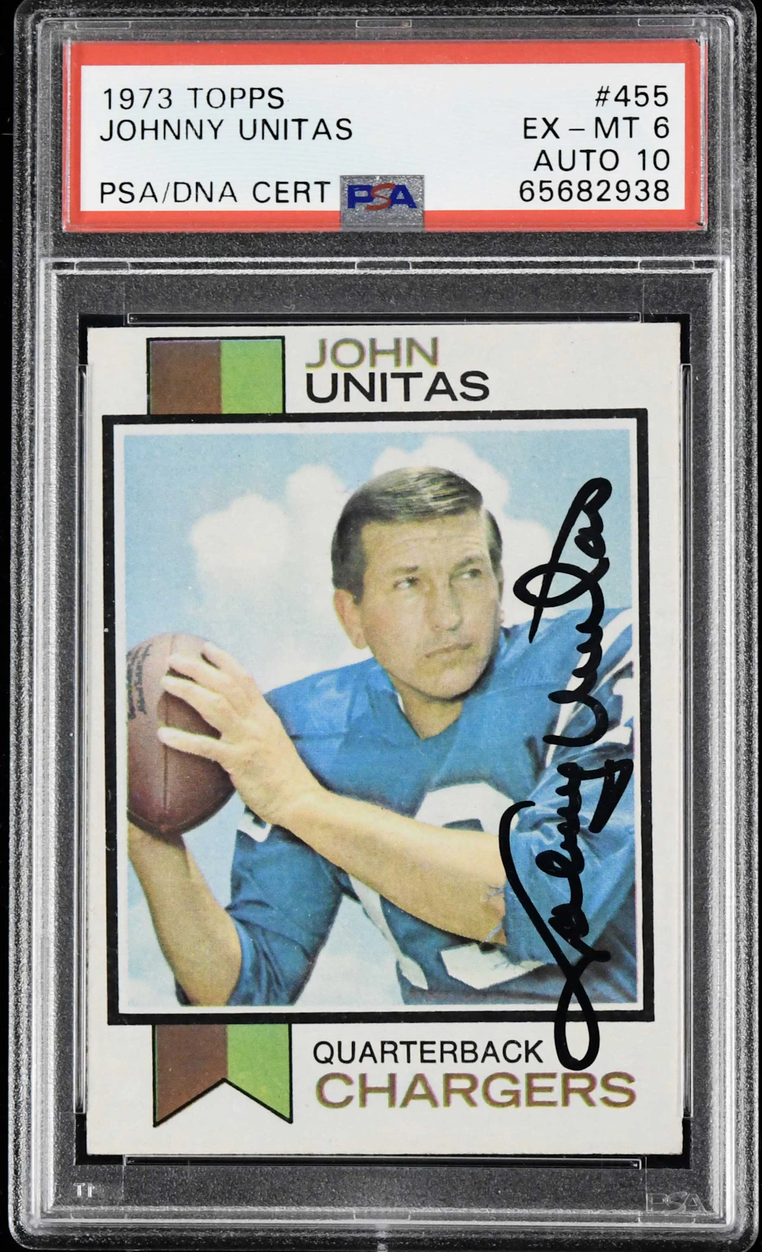 1973 Topps #455 Johnny Unitas autographed card (PSA EX-MT...