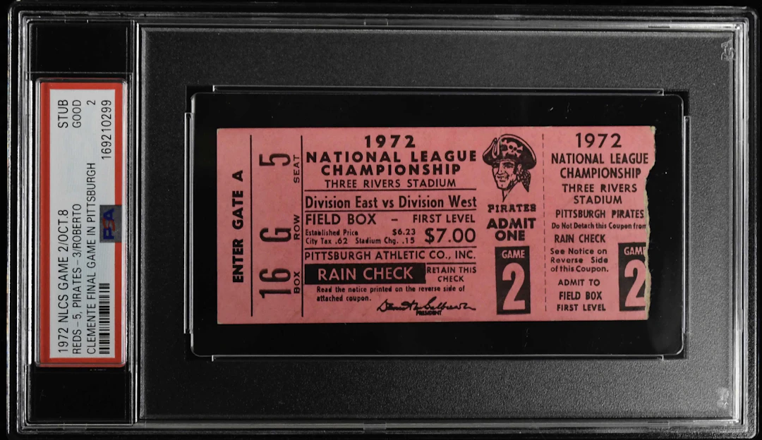 1972 NLCS Game 2 ticket stub - Clemente's final game in Pittsburgh (PSA 2 GD)