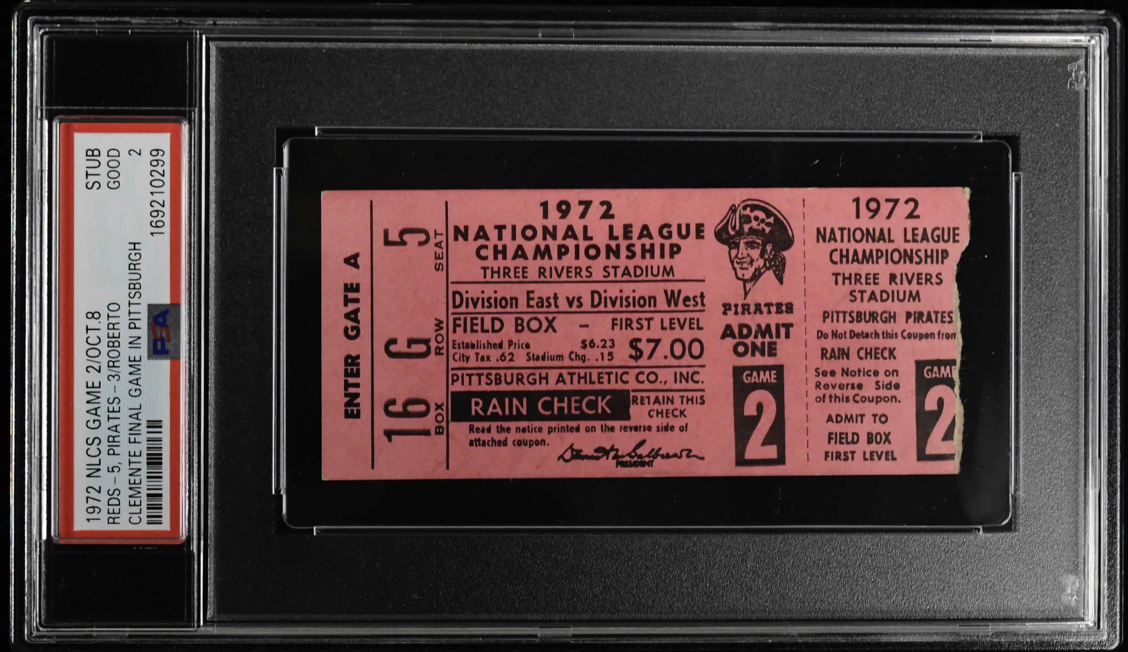 1972 NLCS Game 2 ticket stub - Clemente's final game in Pittsburgh (PSA 2 GD)