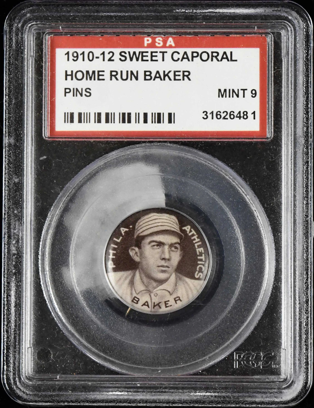 1910-12 Sweet Caporal Pins Home Run Baker (PSA Mint 9) Little mentionable wear