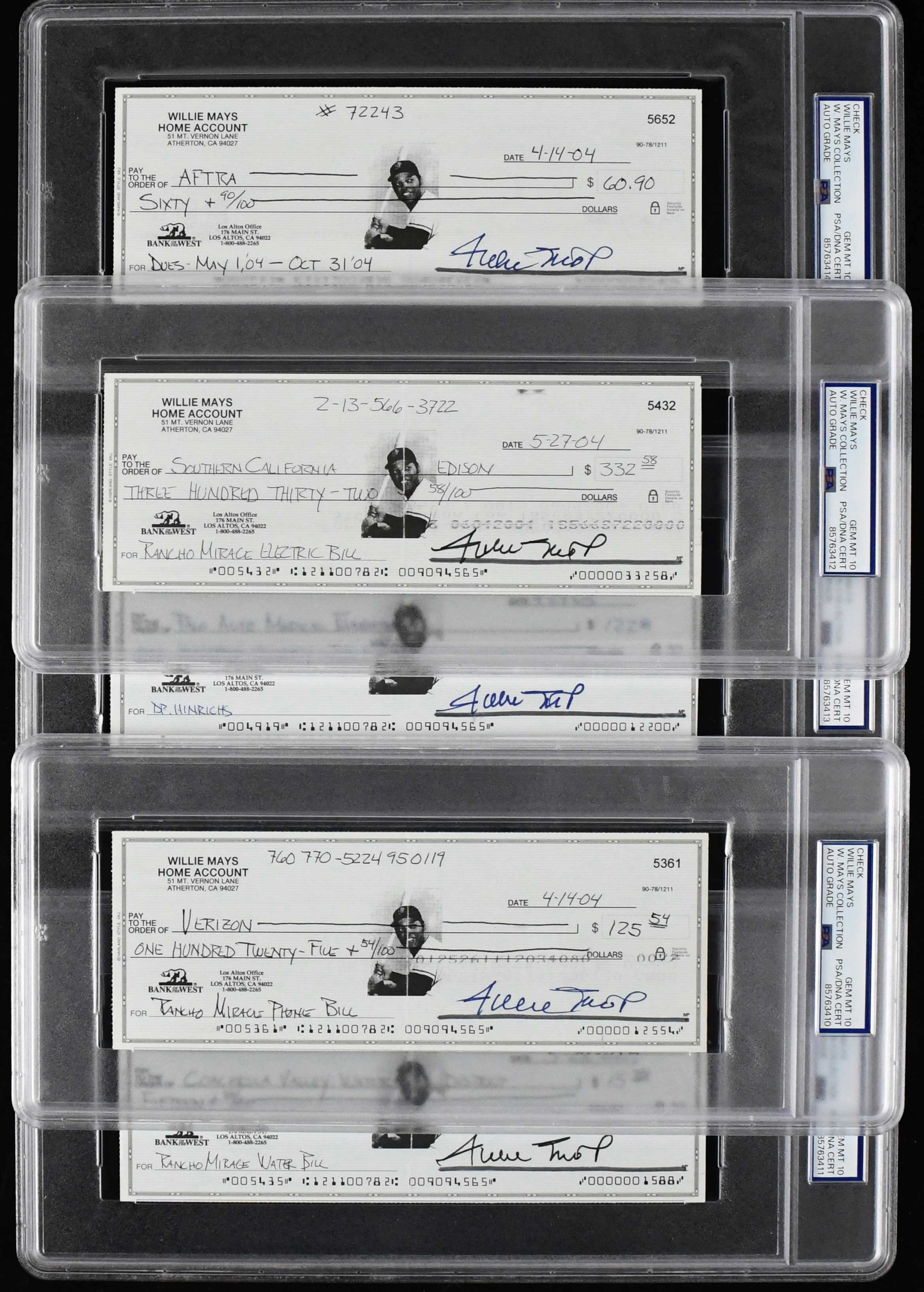 "Lot of (5) Willie Mays autographed checks (PSA/DNA Gem...