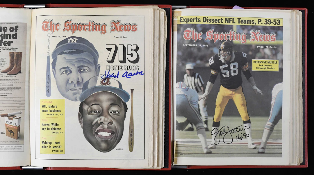 "Lot of (15) mostly 1970s Sporting News autographed newspapers with Aaron