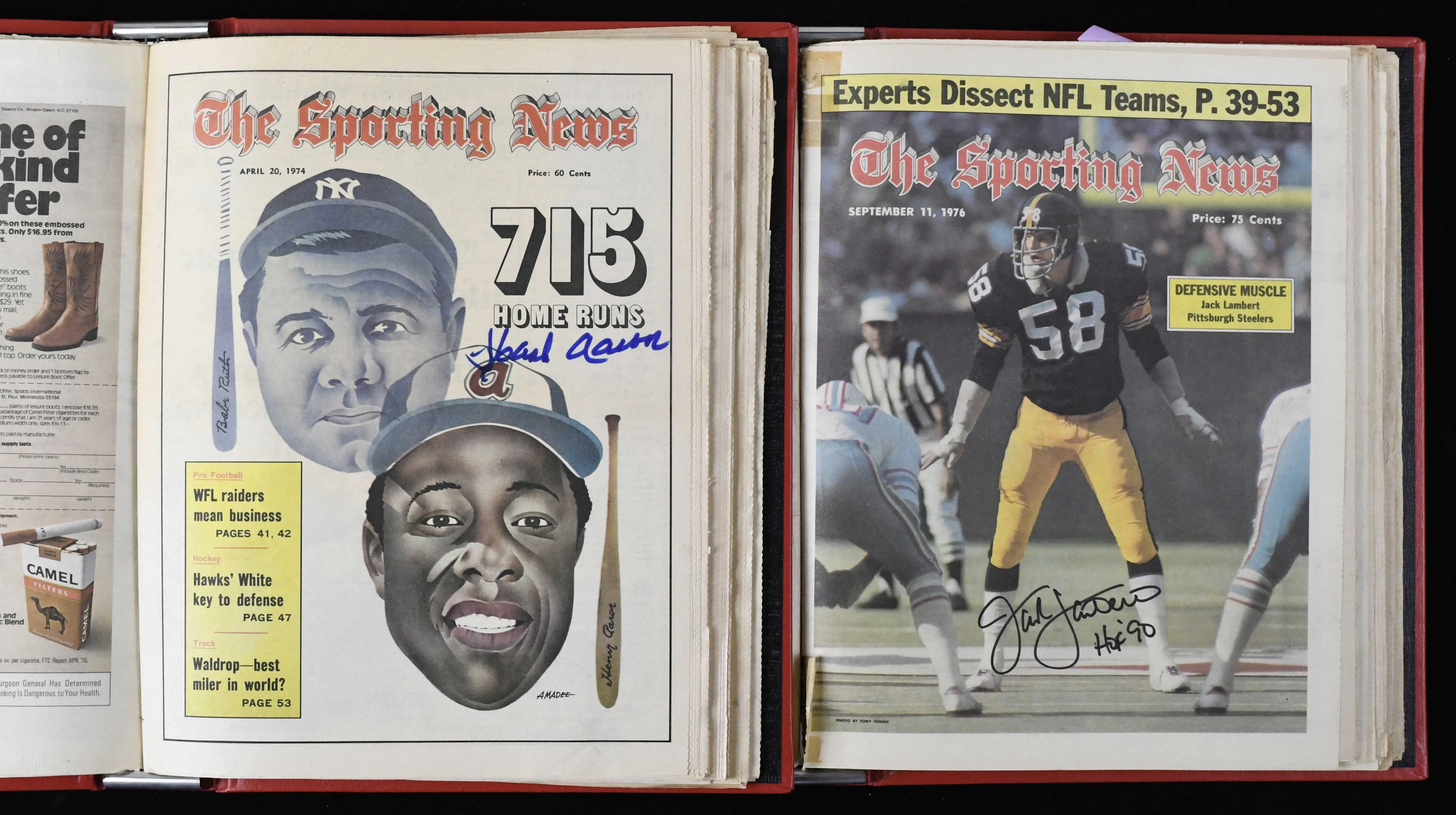 "Lot of (15) mostly 1970s Sporting News autographed newspapers with Aaron