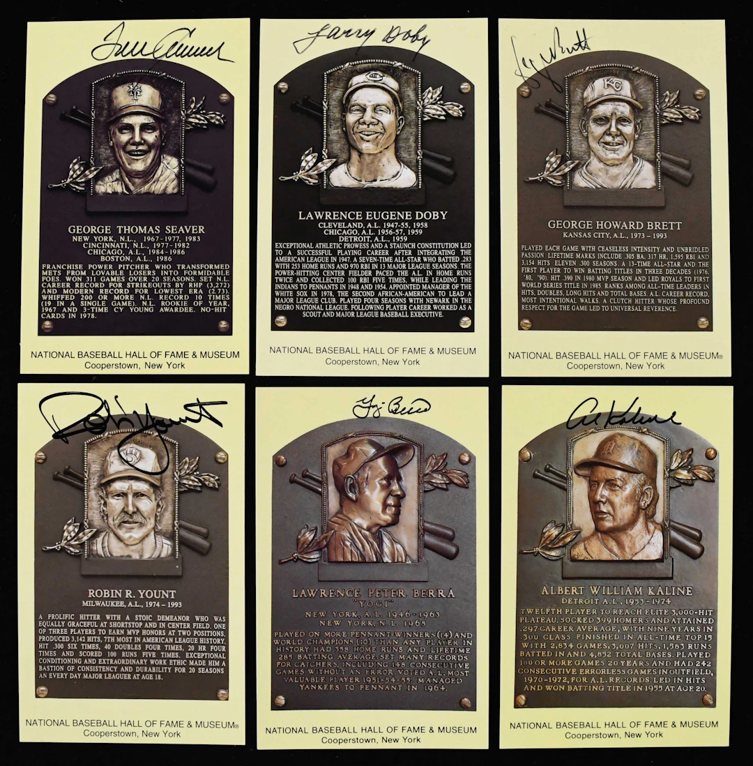 "Lot of (8) autographed yellow Hall of Fame postcards incl
