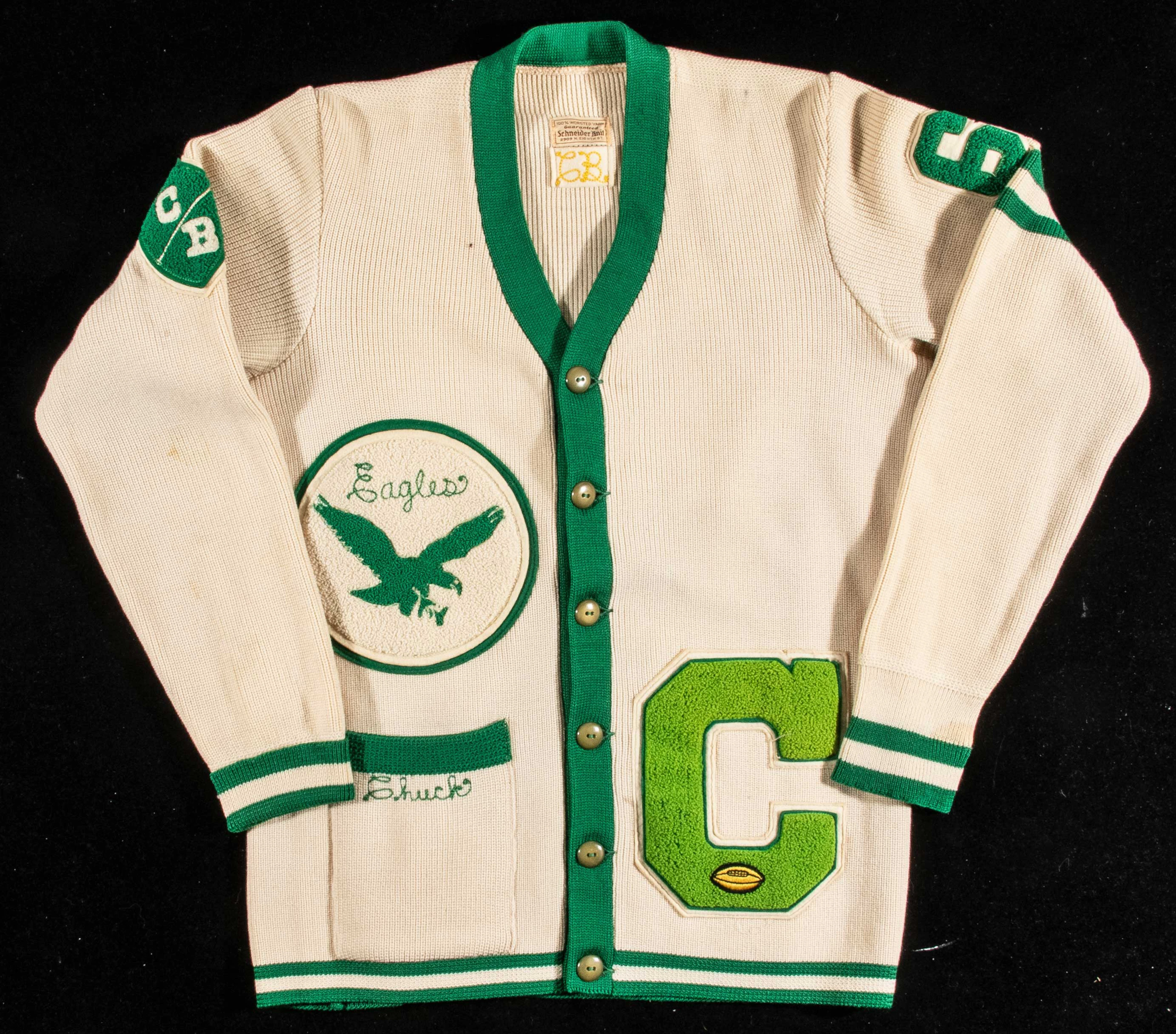 "Philadelphia Eagles cardigan sweater attributed to Chuck Bednarik