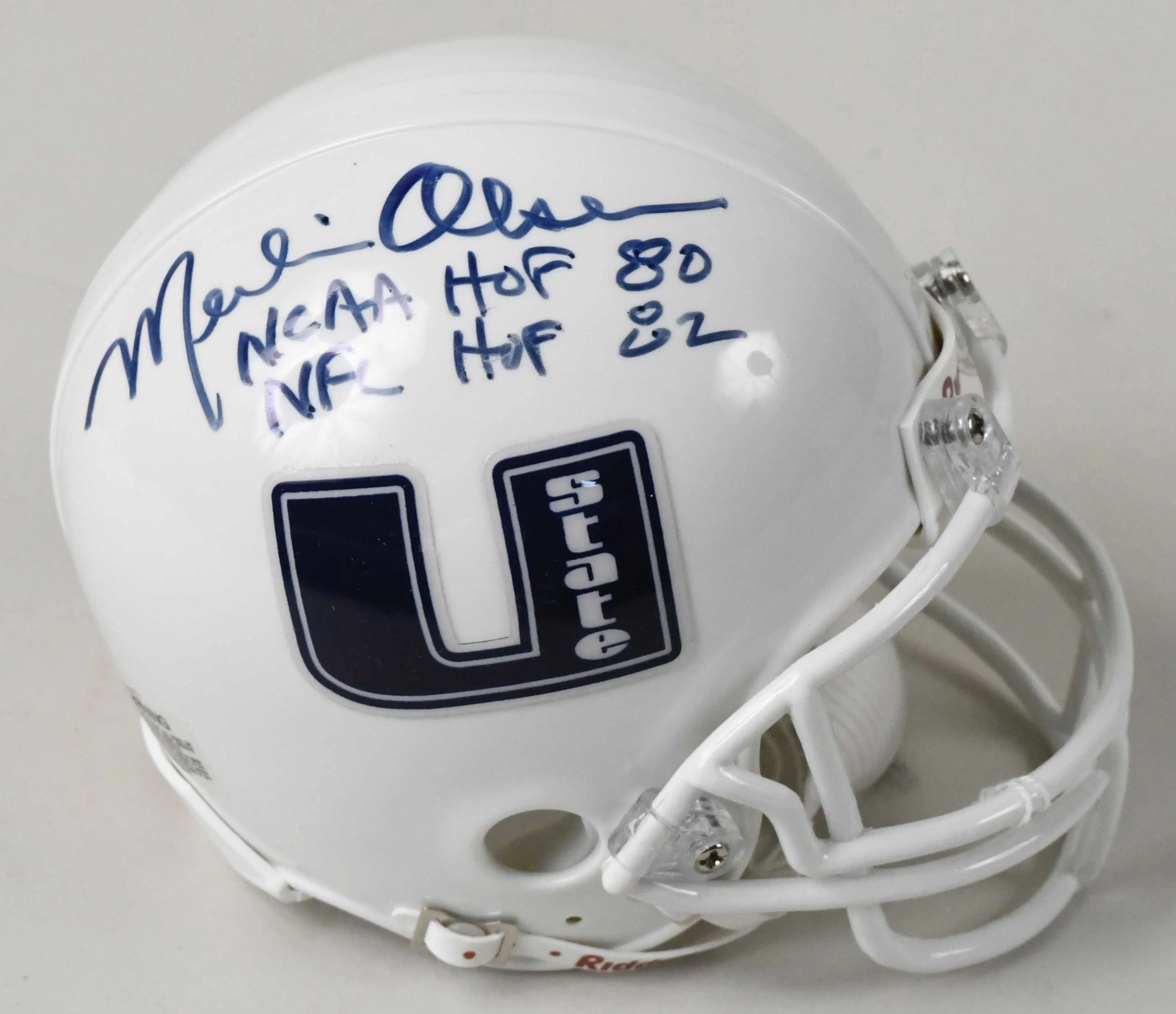 "Merlin Olsen signed and inscribed Utah State Aggies mini helmet (NM)
