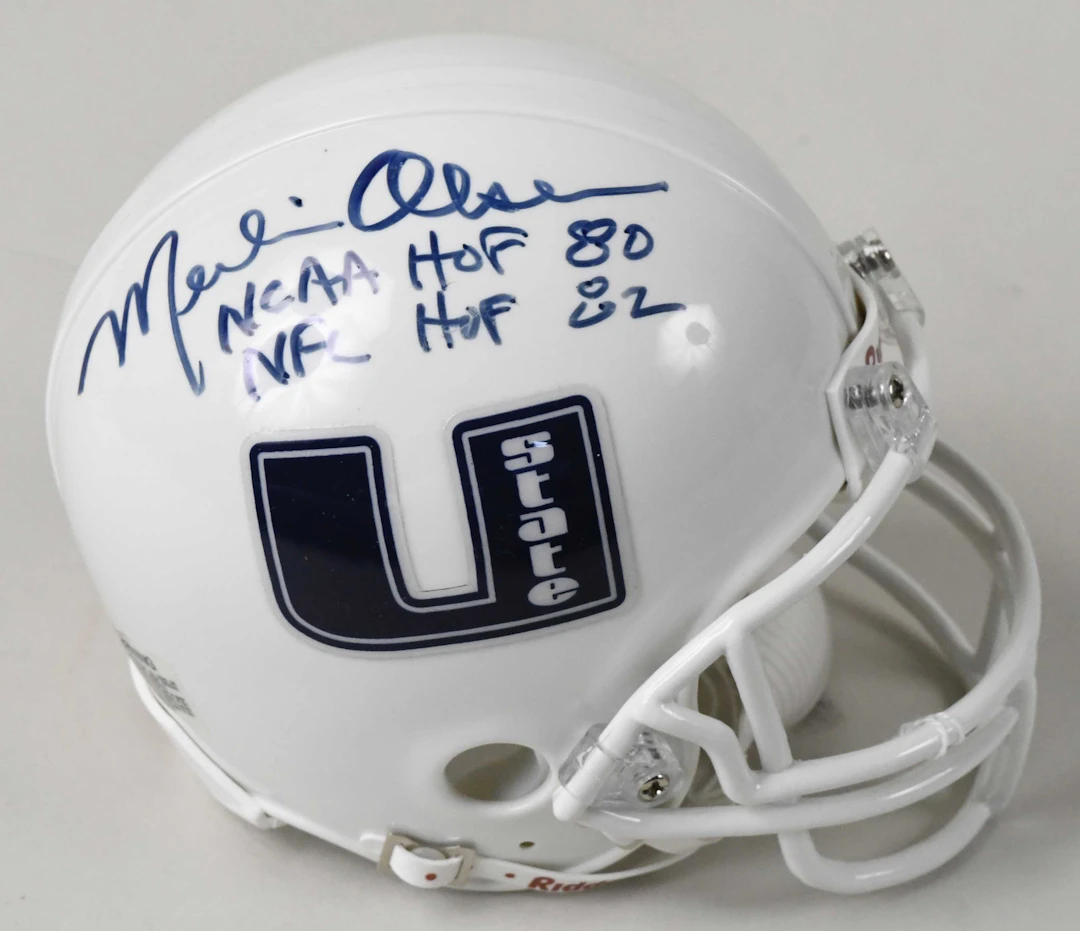 "Merlin Olsen signed and inscribed Utah State Aggies mini helmet (NM)