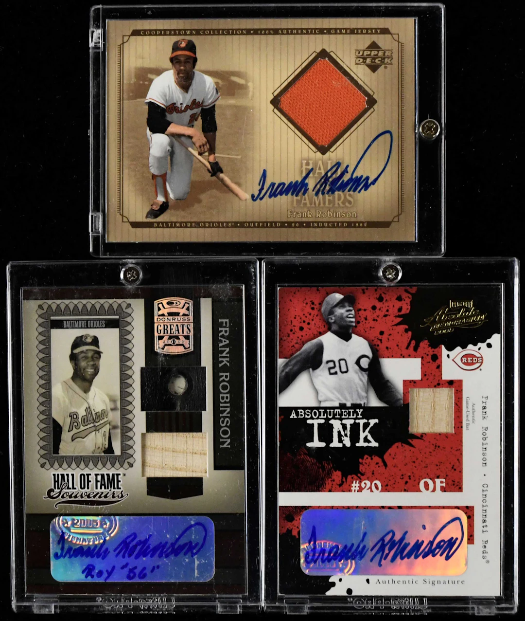"Lot of (3) Frank Robinson signed relic swatch insert cards (NM-NM/MT)