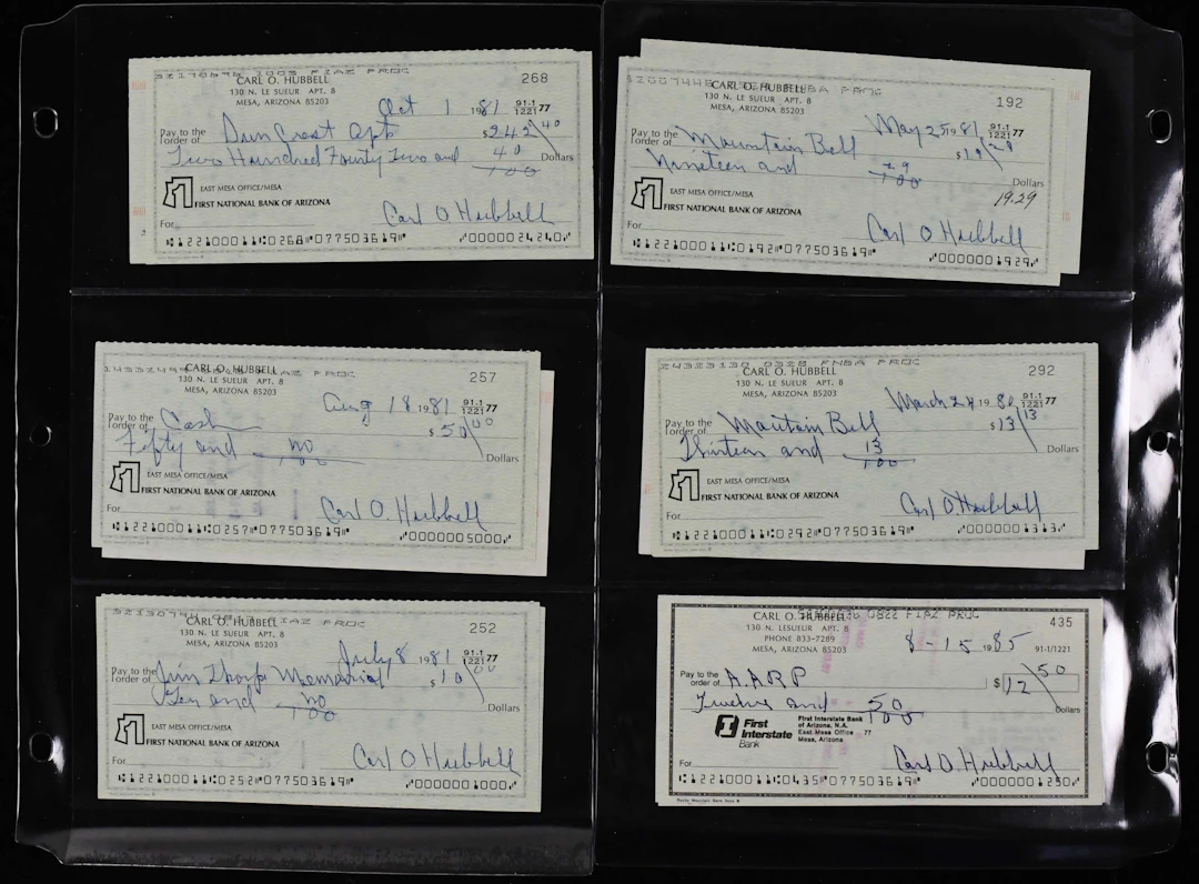 Lot of (24) Carl Hubbell autographed personal checks...