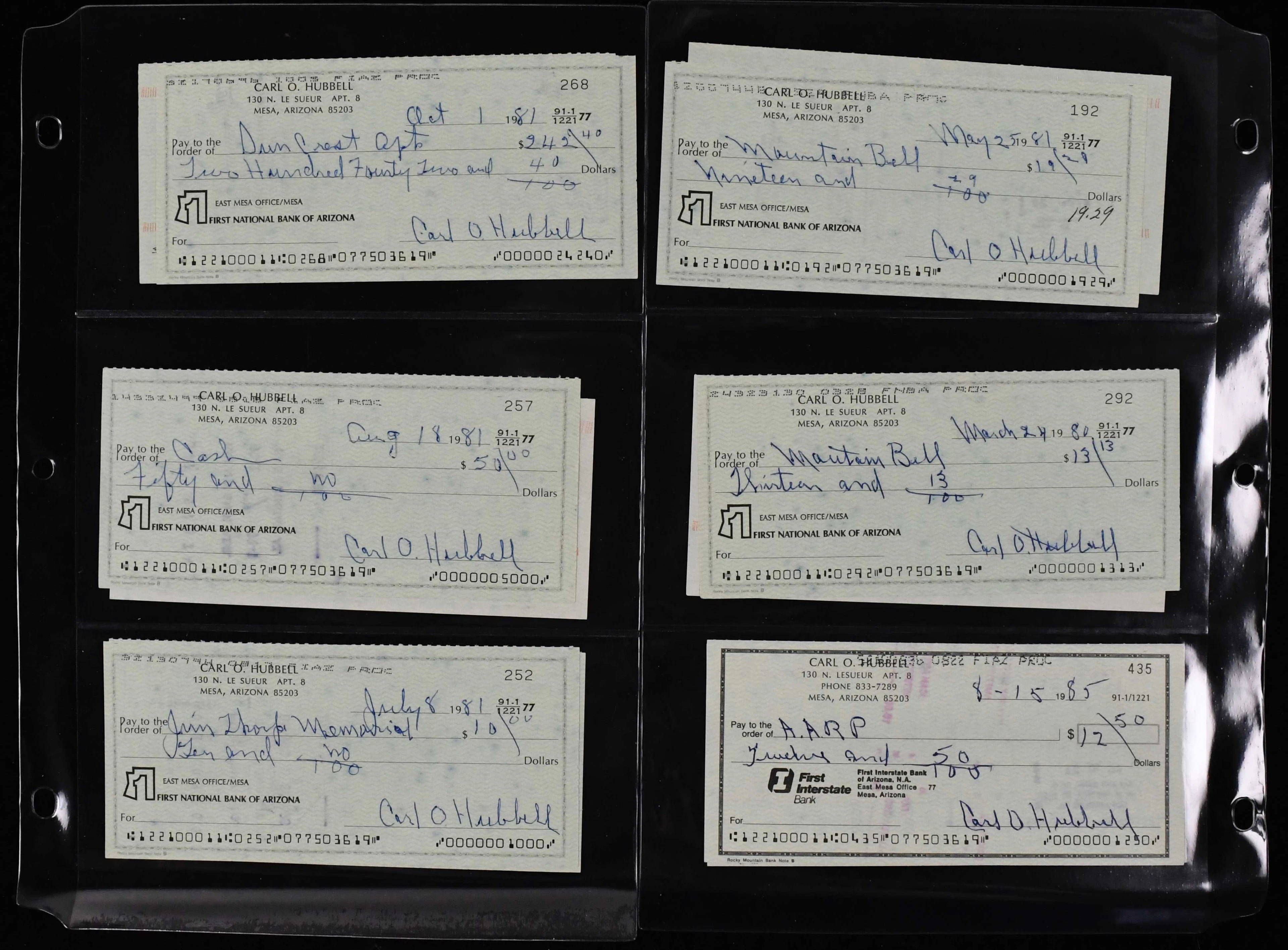 Lot of (24) Carl Hubbell autographed personal checks...