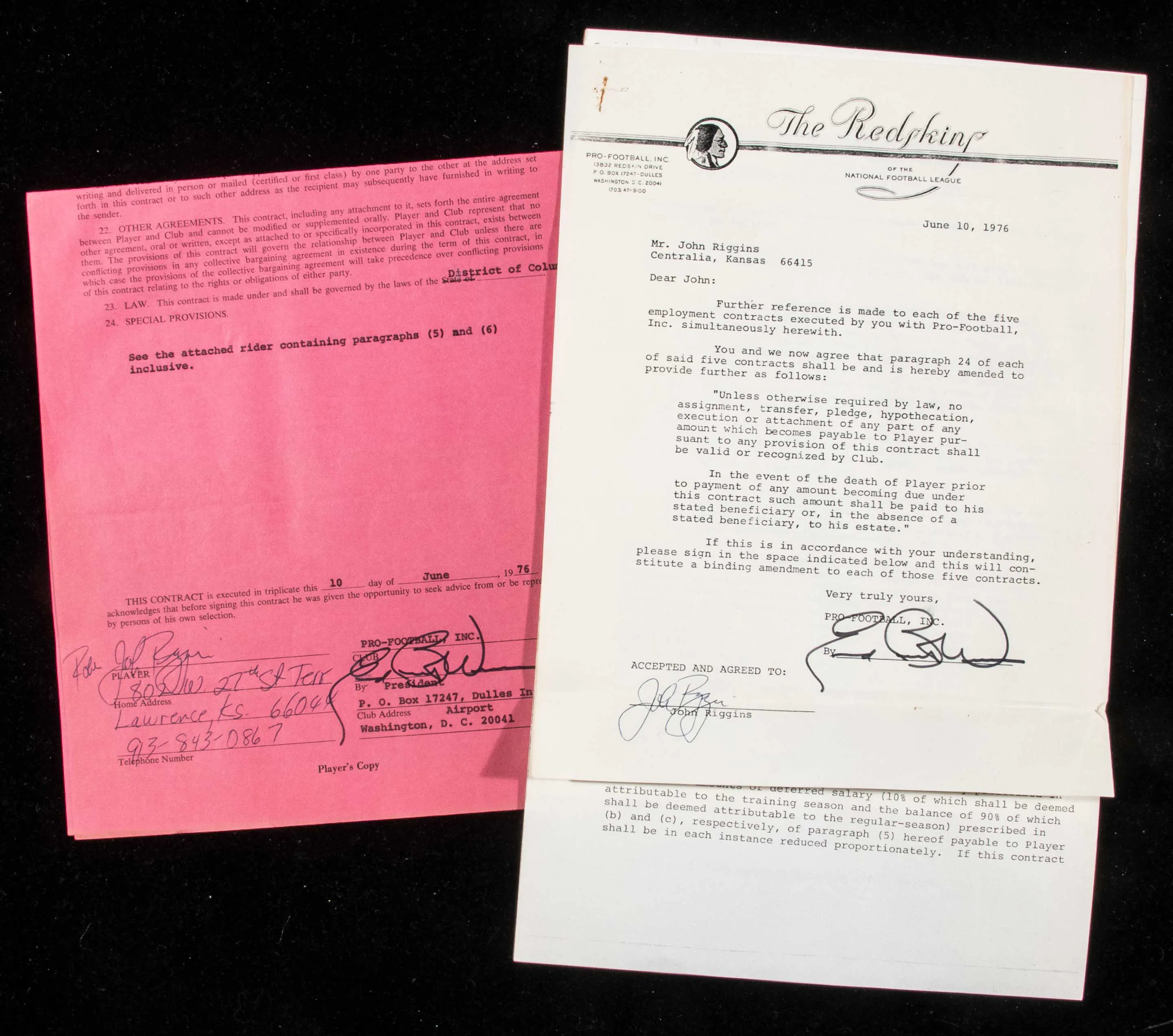 John Riggins Signing 1977 John Riggins autographed Washington contract with related addendums