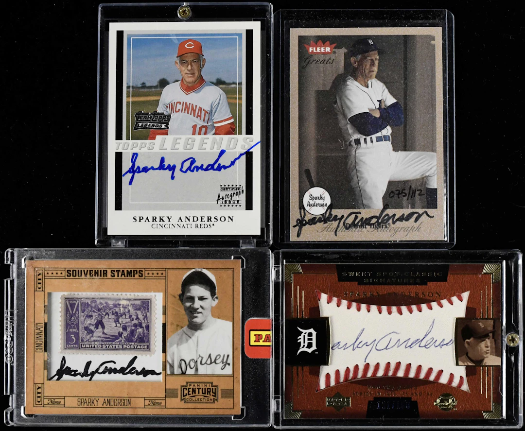 "Lot of (4) Sparky Anderson signed insert cards (NM-NM/MT)