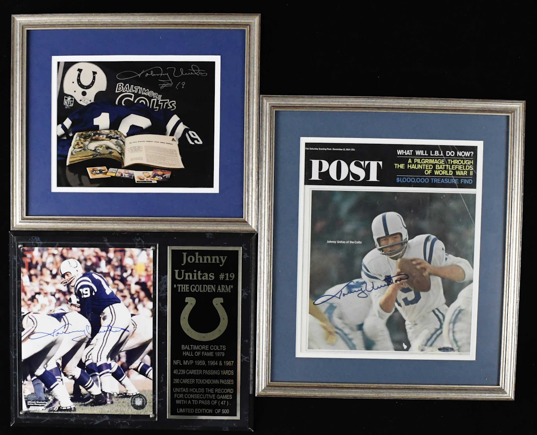 "Lot of (3) Johnny Unitas framed and autographed display pieces (Sigs