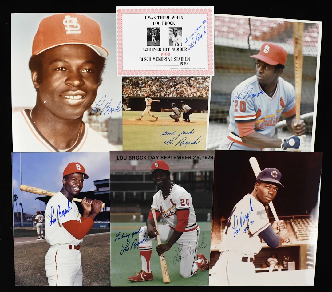 "Lot of (10) Lou Brock autographed pieces (NM) Includes...