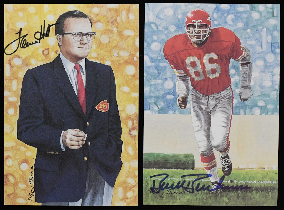 "Buck Buchanan and Lamar Hunt signed Goal Line Art cards - JSA (NM-NM/MT)
