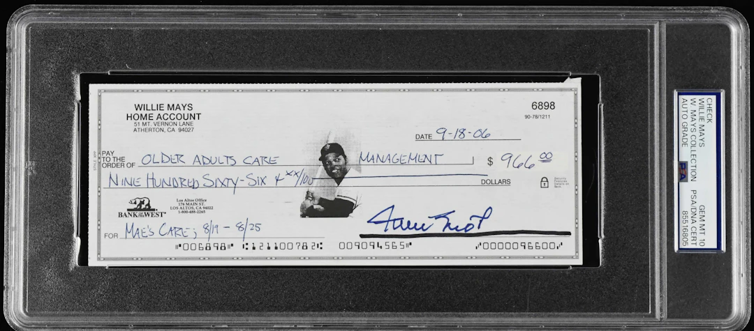 "Willie Mays autographed check (PSA/DNA Gem Mint 10)...