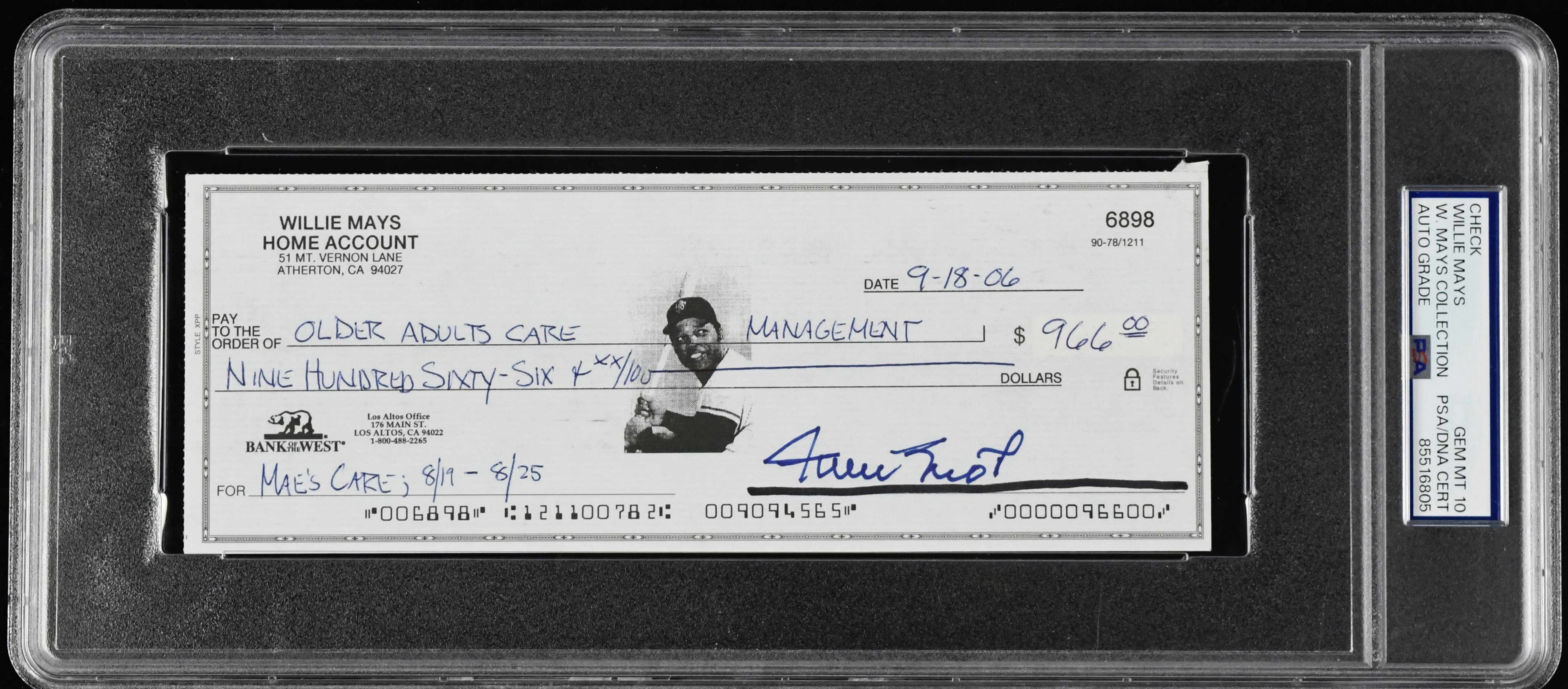 "Willie Mays autographed check (PSA/DNA Gem Mint 10)...