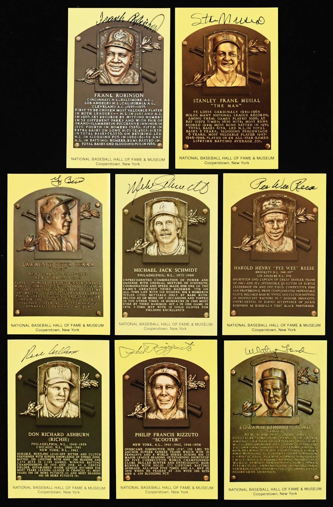 "Lot of (8) autographed yellow Hall of Fame postcards...