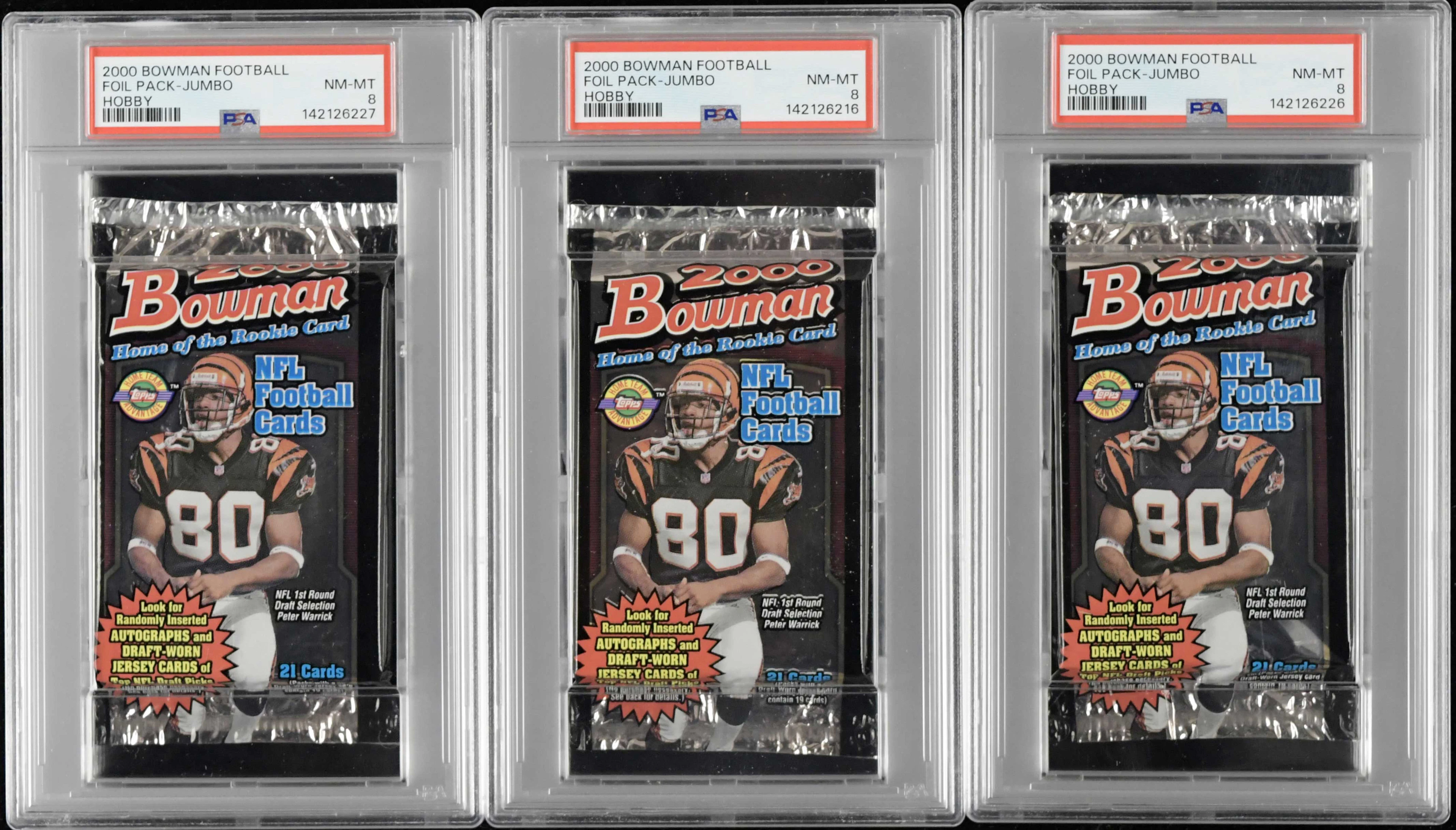 "Lot of (3) 2000 Bowman Football unopened Jumbo packs; Tom Brady rookie year