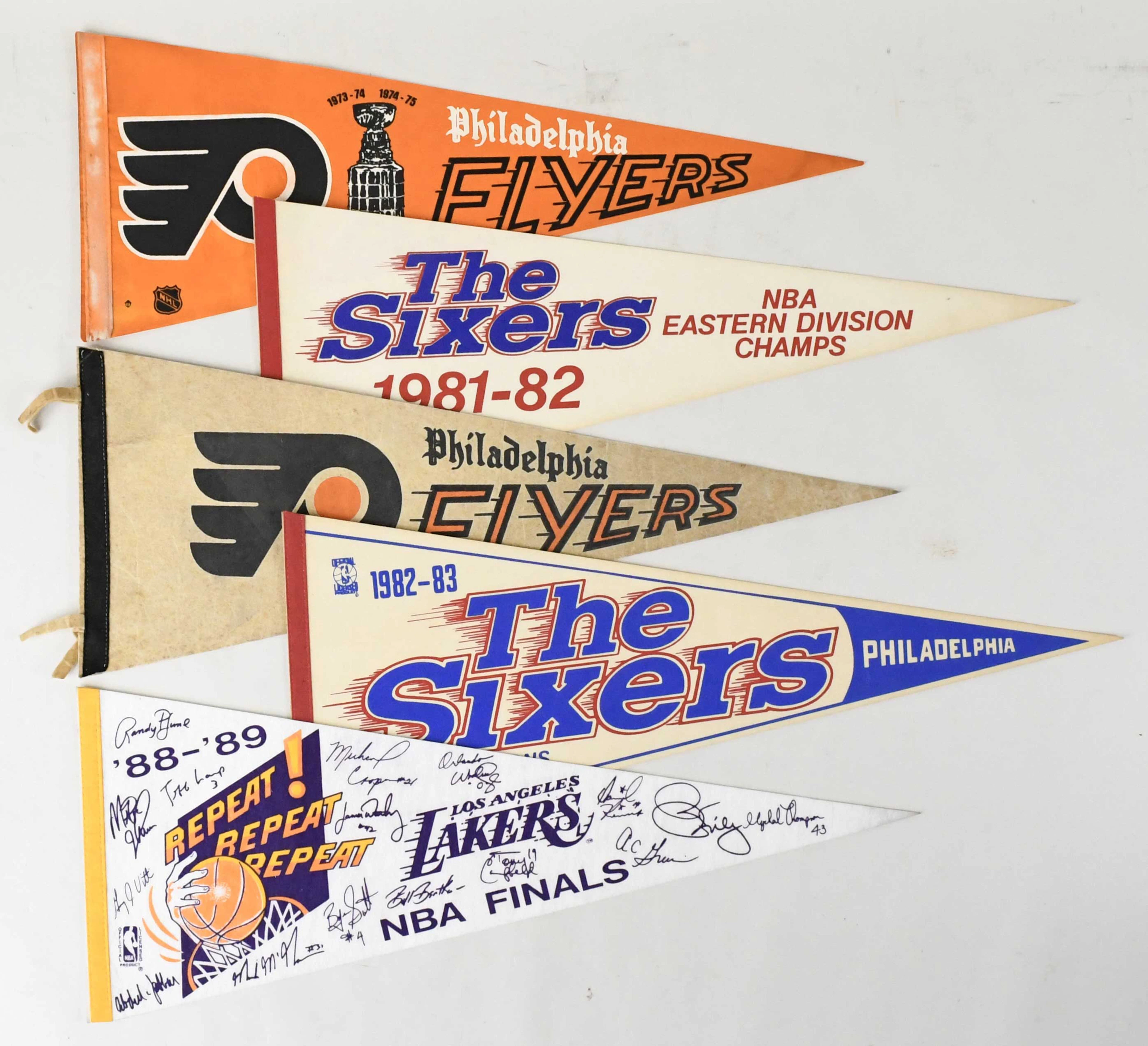 "Lot of (7) 1970s-80s mostly Sixers and Flyers full-size pennants (VG/EX-EX)