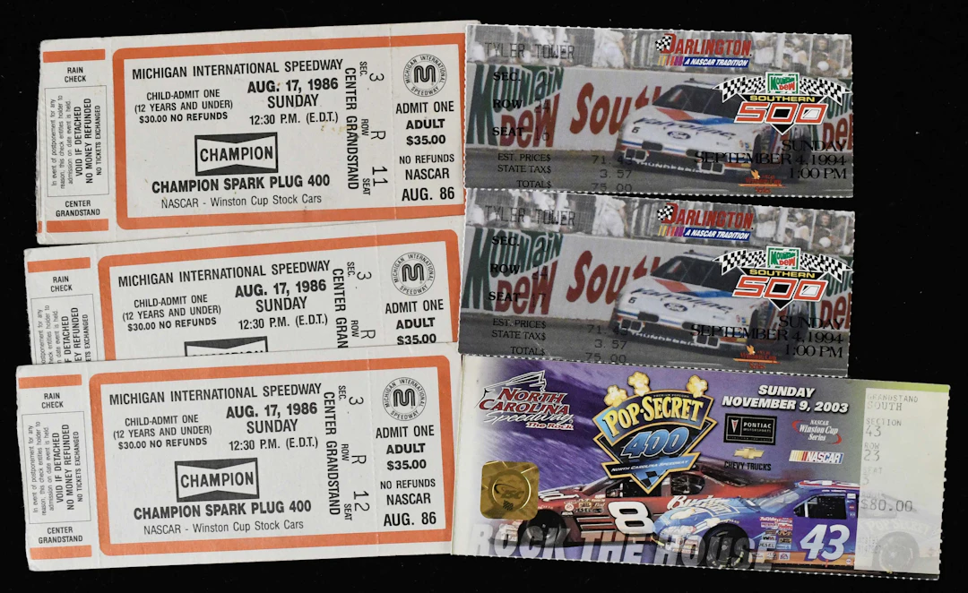 "Lot of (6) Bill Elliott NASCAR win ticket stubs...