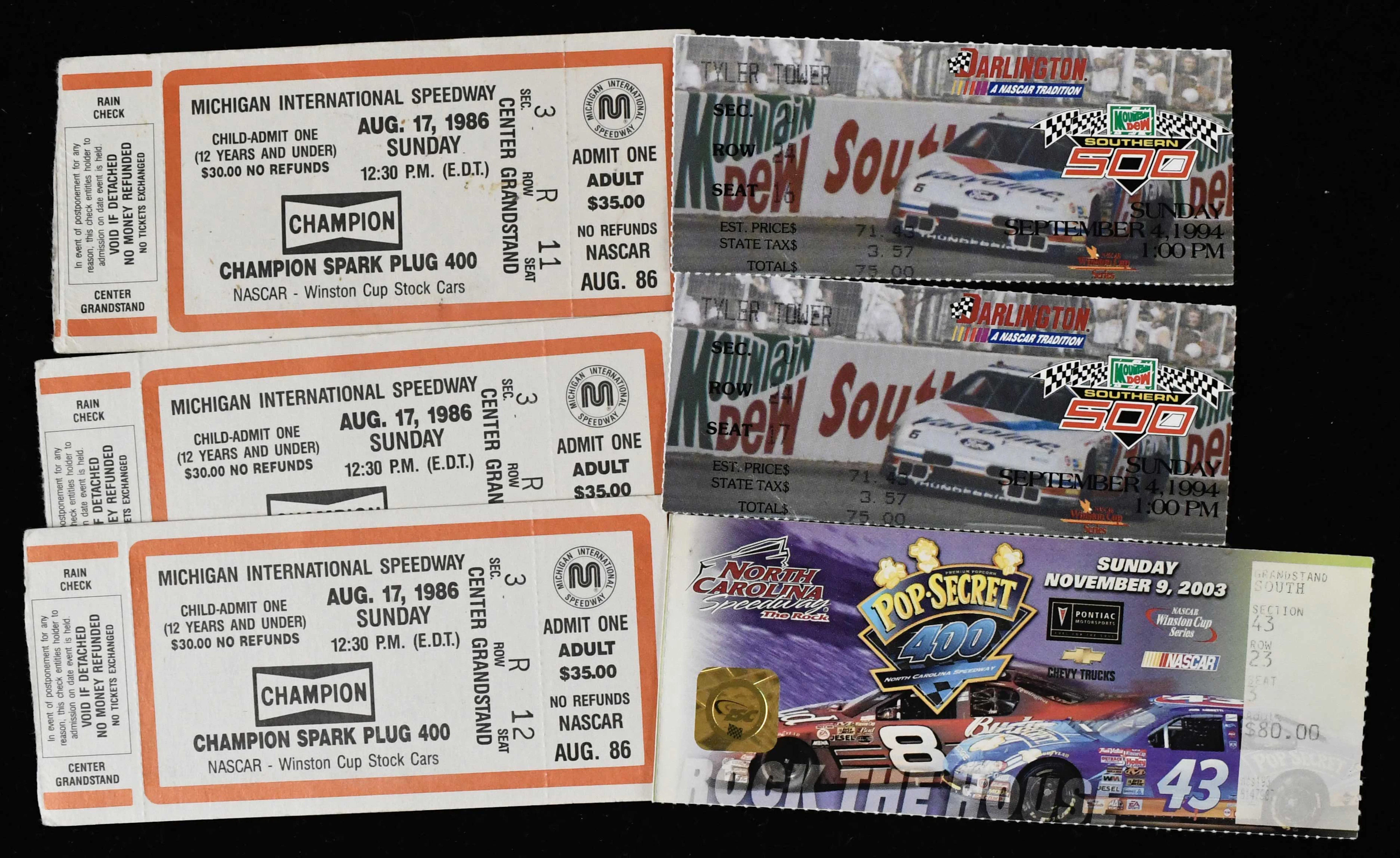 "Lot of (6) Bill Elliott NASCAR win ticket stubs...