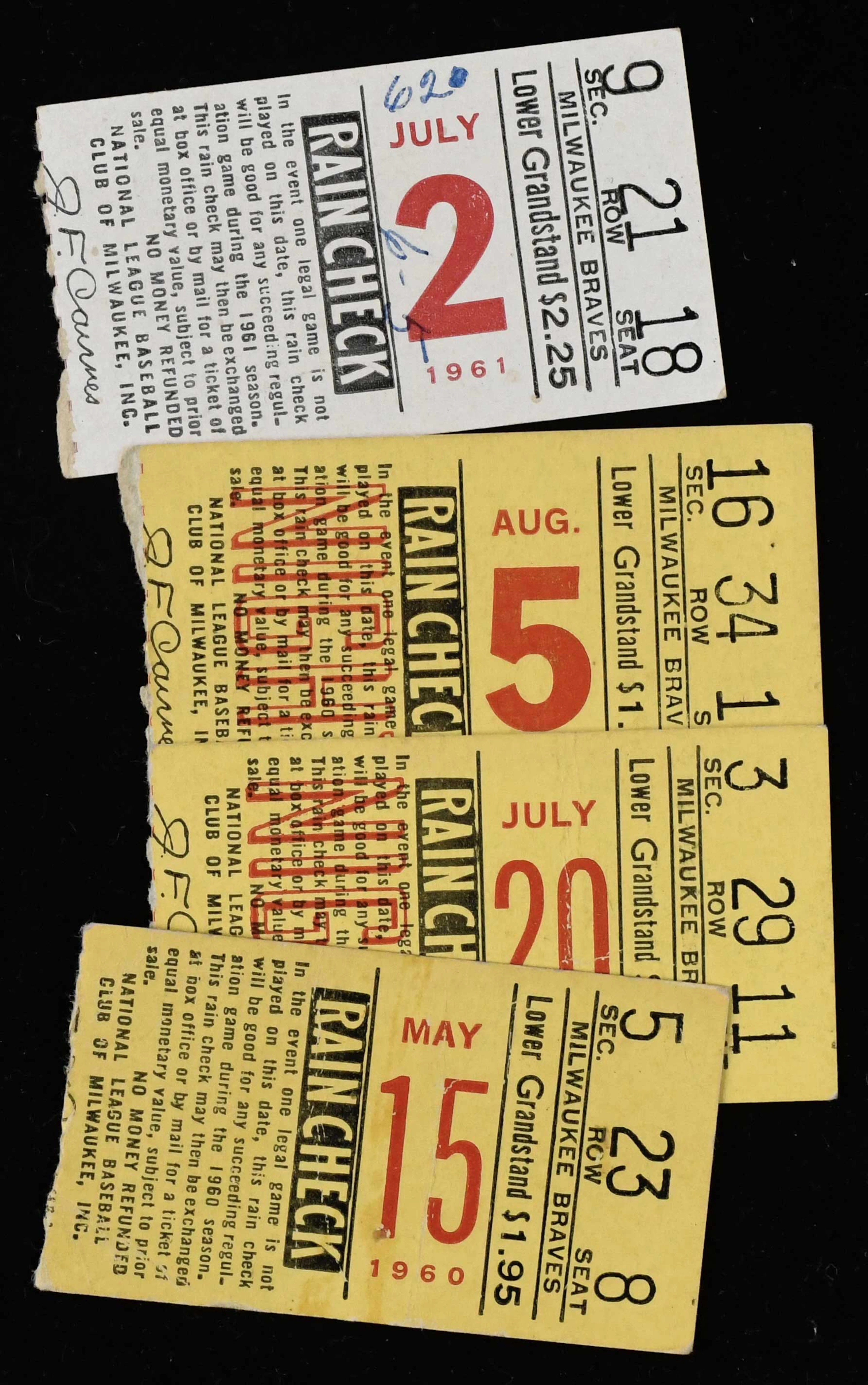 "Lot of (4) Hank Aaron home run game ticket stubs (VG-VG/EX mk)