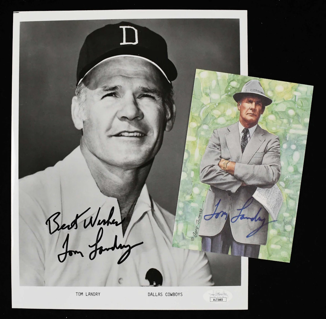 "Tom Landry signed photograph and signed Goal Line Art card - JSA (NM-NM/MT)