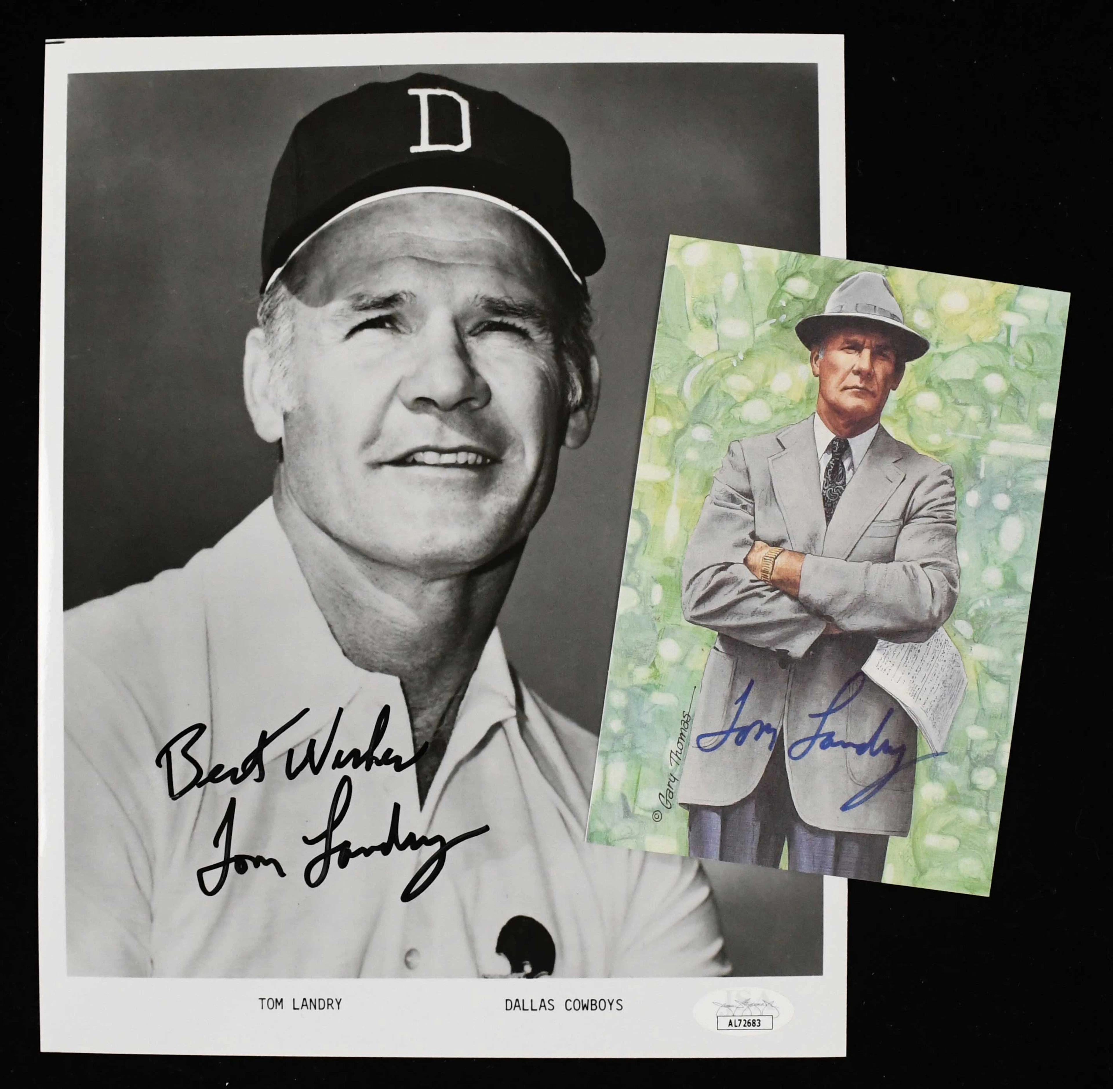 "Tom Landry signed photograph and signed Goal Line Art card - JSA (NM-NM/MT)
