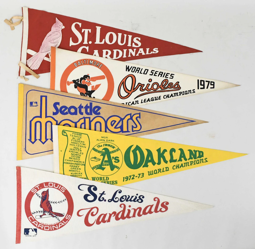 "Lot of (9) full-size 1960s-70s baseball team pennants including Cardinals