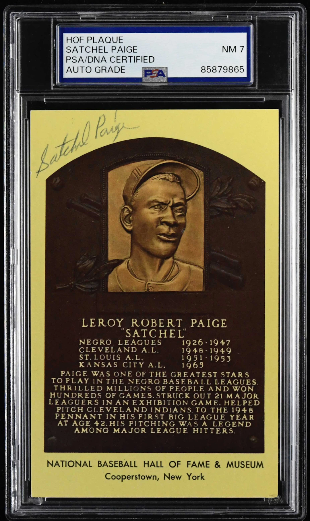 Satchel Paige autographed yellow Hall of Fame postcard...
