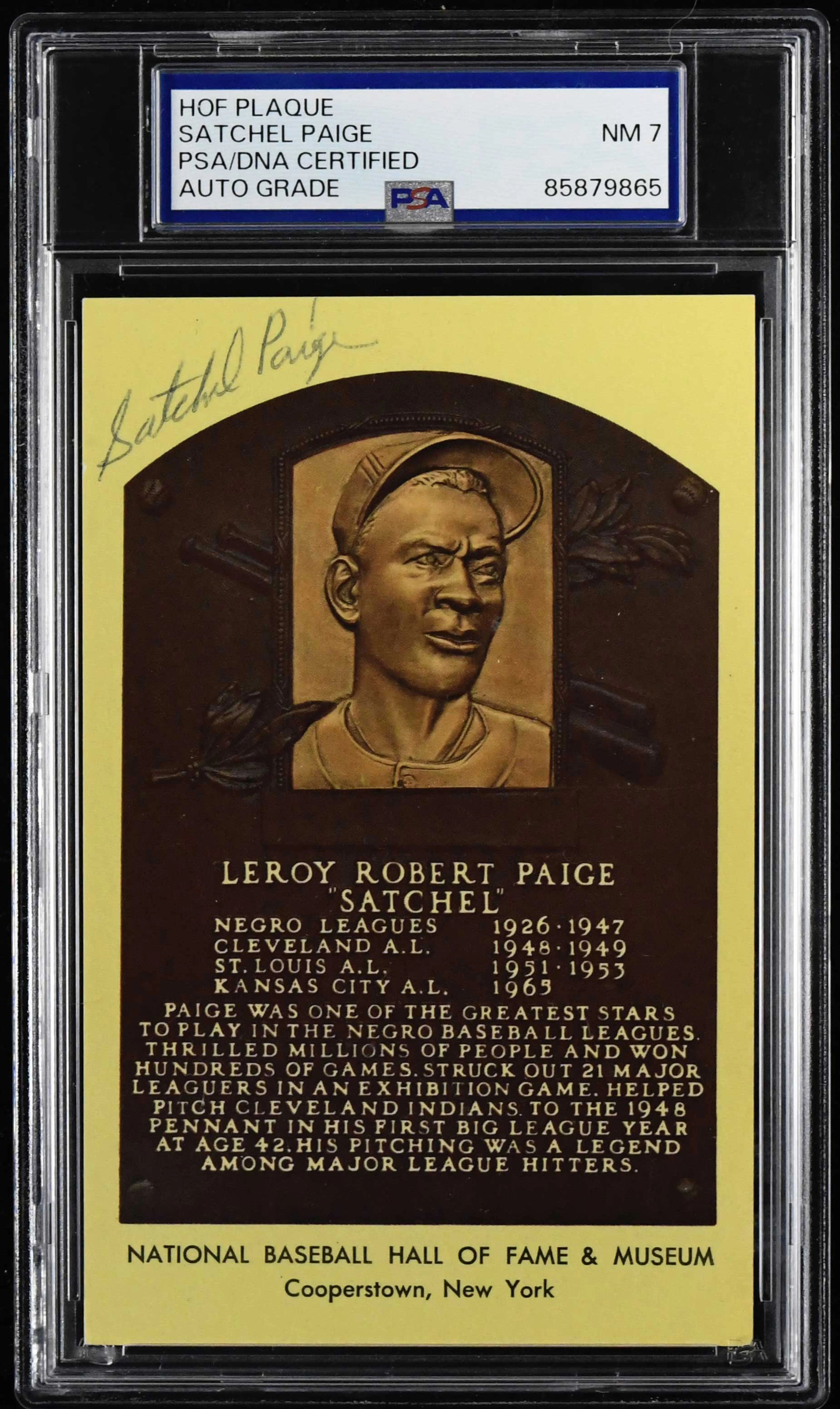 Satchel Paige autographed yellow Hall of Fame postcard...
