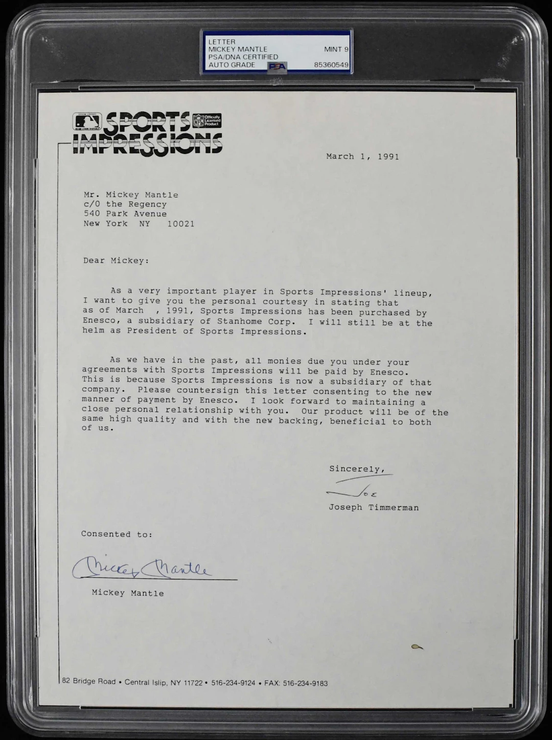 "1991 Mickey Mantle autographed Sports Impressions agreement (PSA/DNA Mint 9)