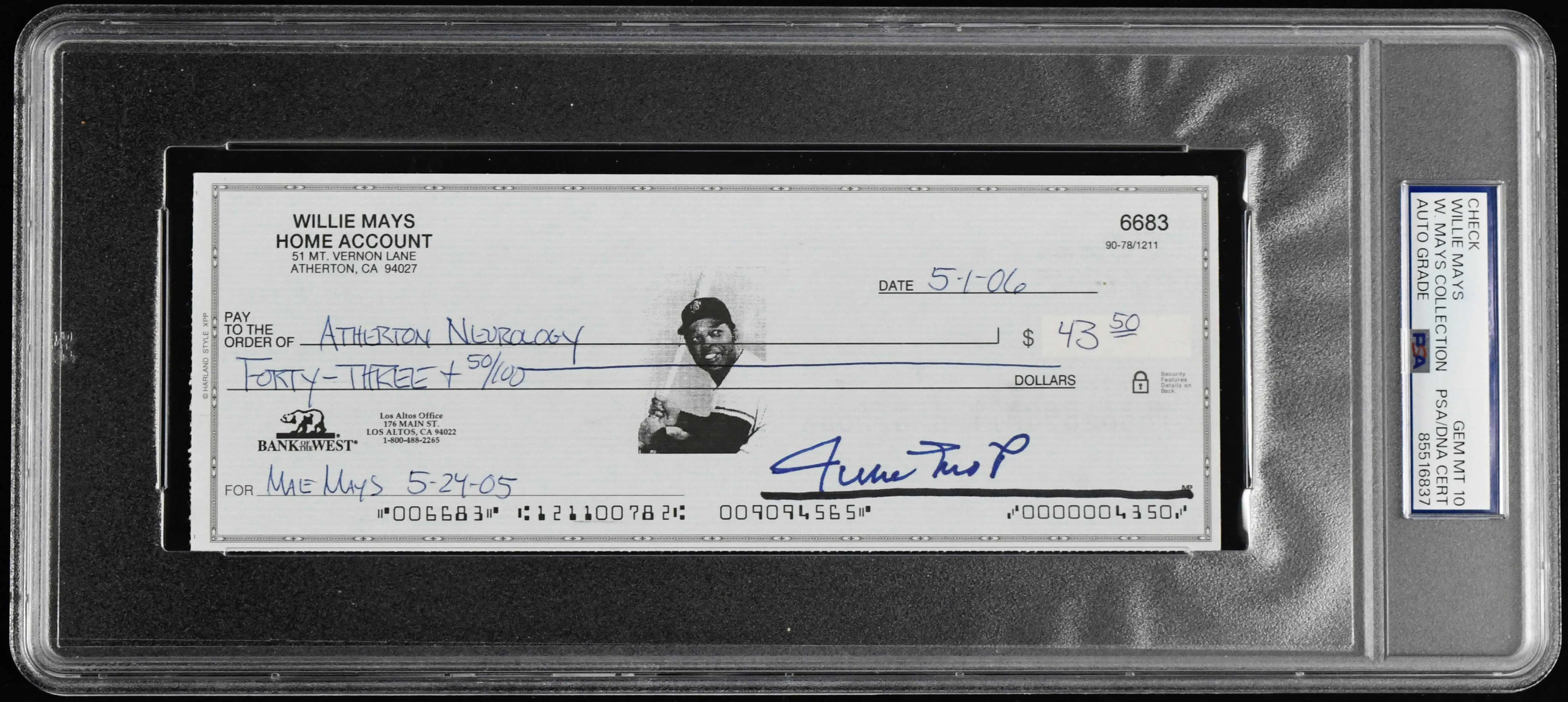 "Willie Mays autographed check (PSA/DNA Gem Mint 10)...