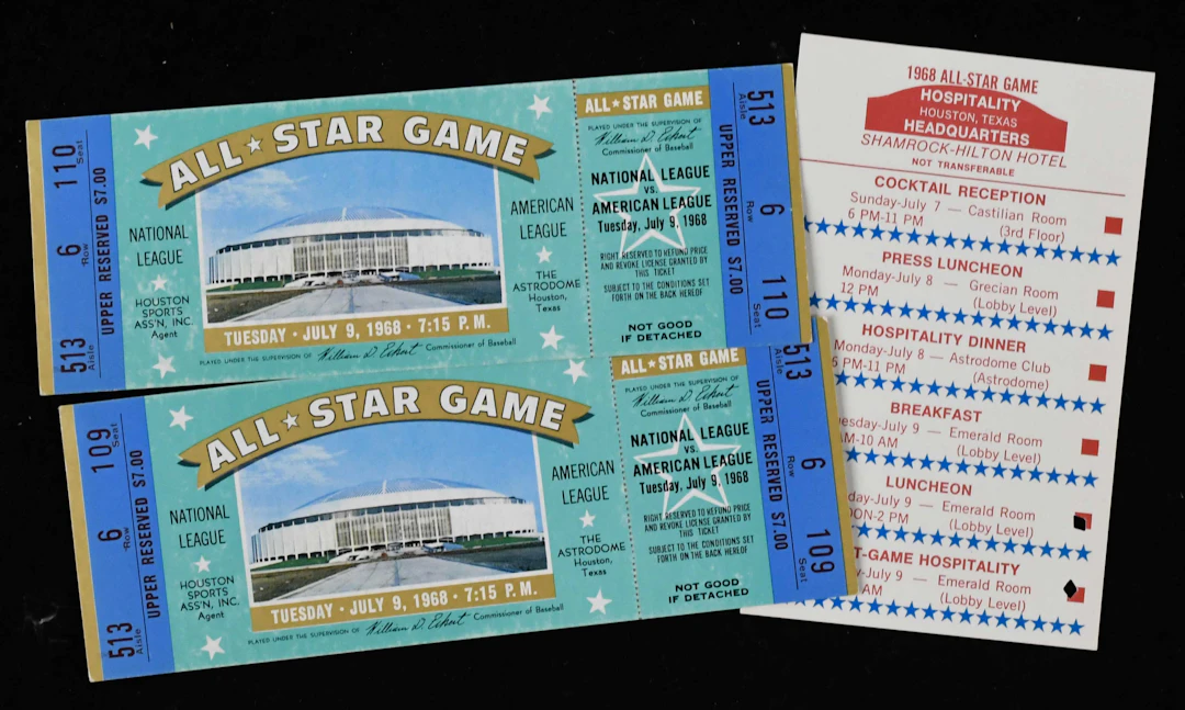 Lot of (2) 1968 MLB All-Star Game full tickets with related item (VG-EX/MT)