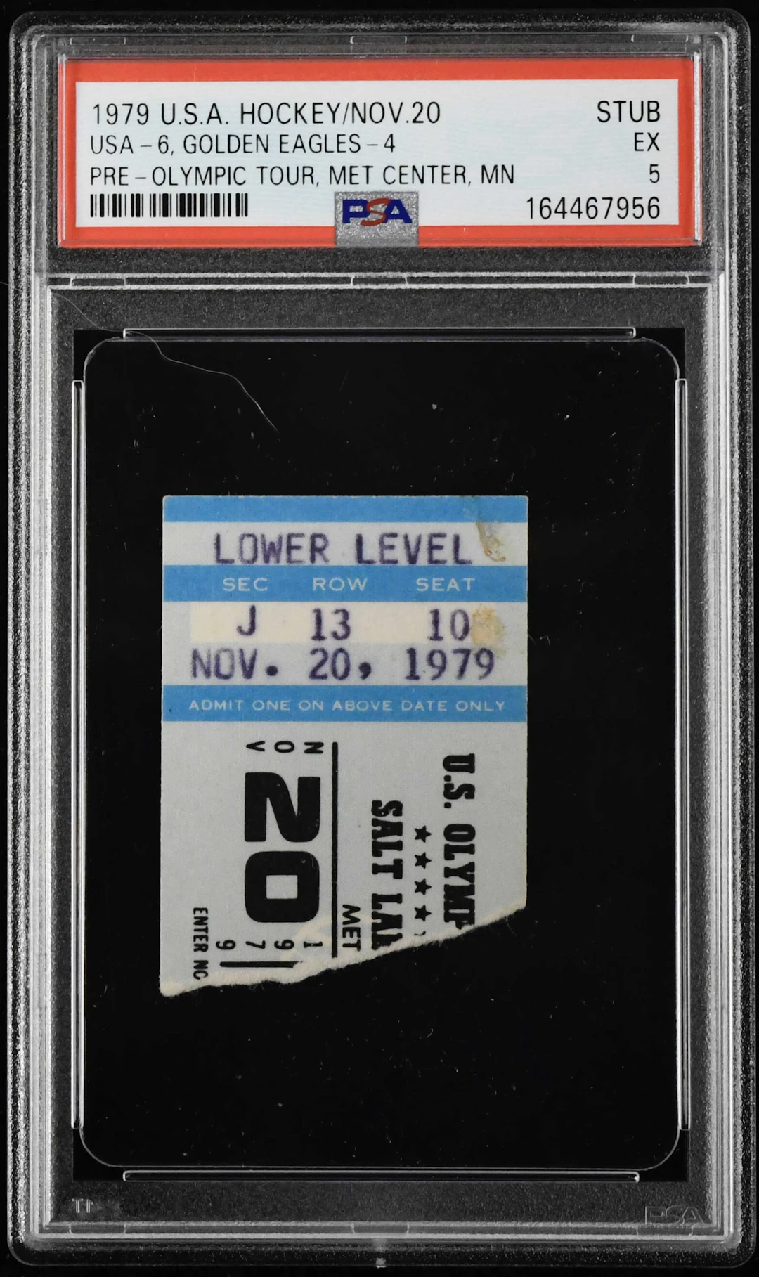 "1979 USA Hockey Pre-Olympic tour ticket stub graded PSA 5 (EX - Pop 1)