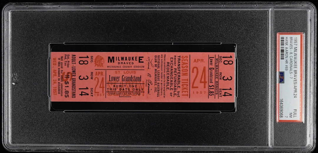 1957 Hank Aaron career home run #69 full ticket graded PSA 7 (NM)
