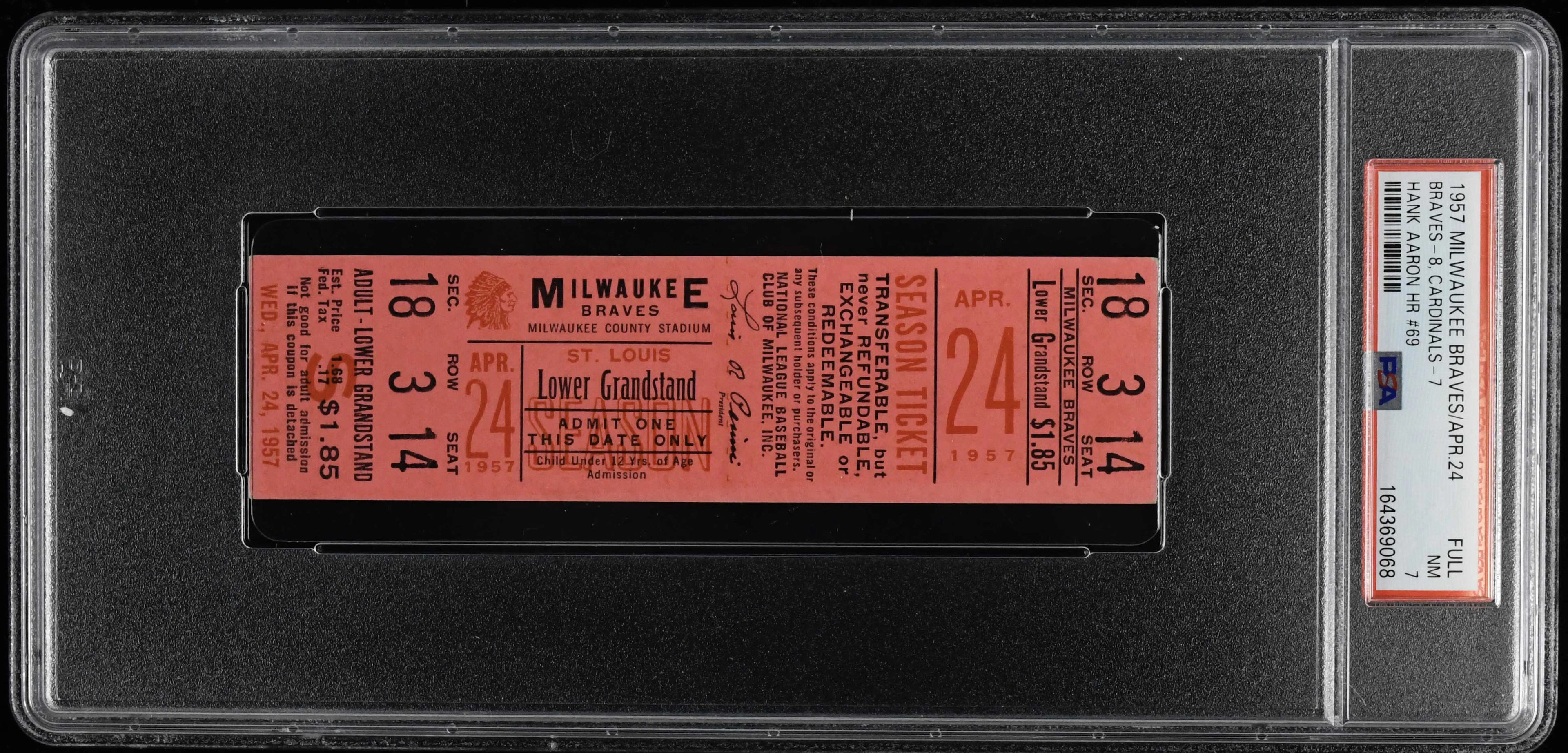 1957 Hank Aaron career home run #69 full ticket graded PSA 7 (NM)