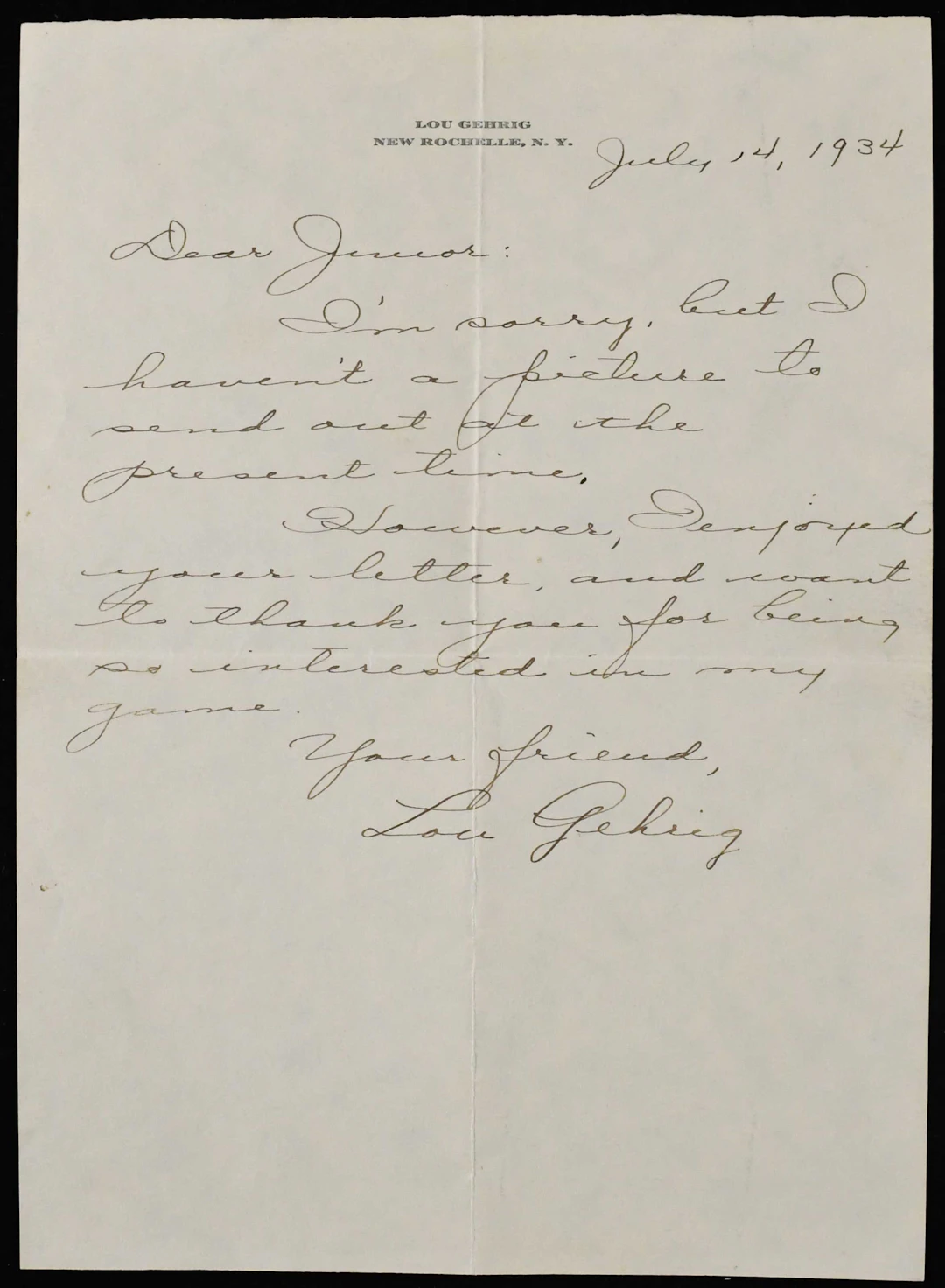 "Eleanor Gehrig secretarial signed 1934 Lou Gehrig letter (EX)