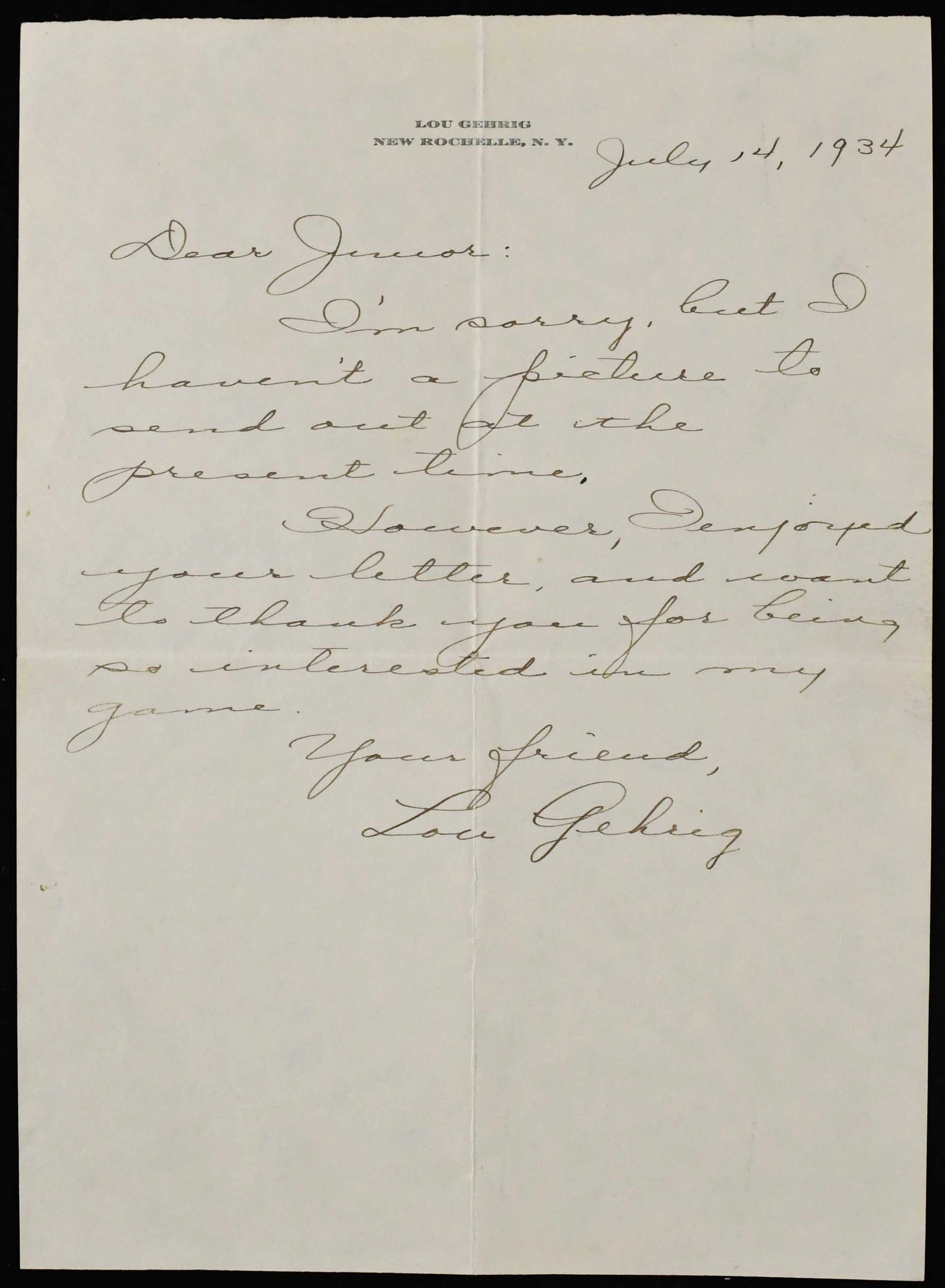 "Eleanor Gehrig secretarial signed 1934 Lou Gehrig letter (EX)