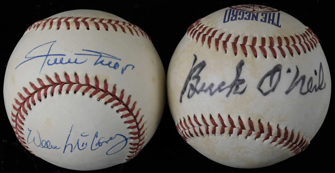 "Willie Mays and Willie McCovey signed ball with Buck...