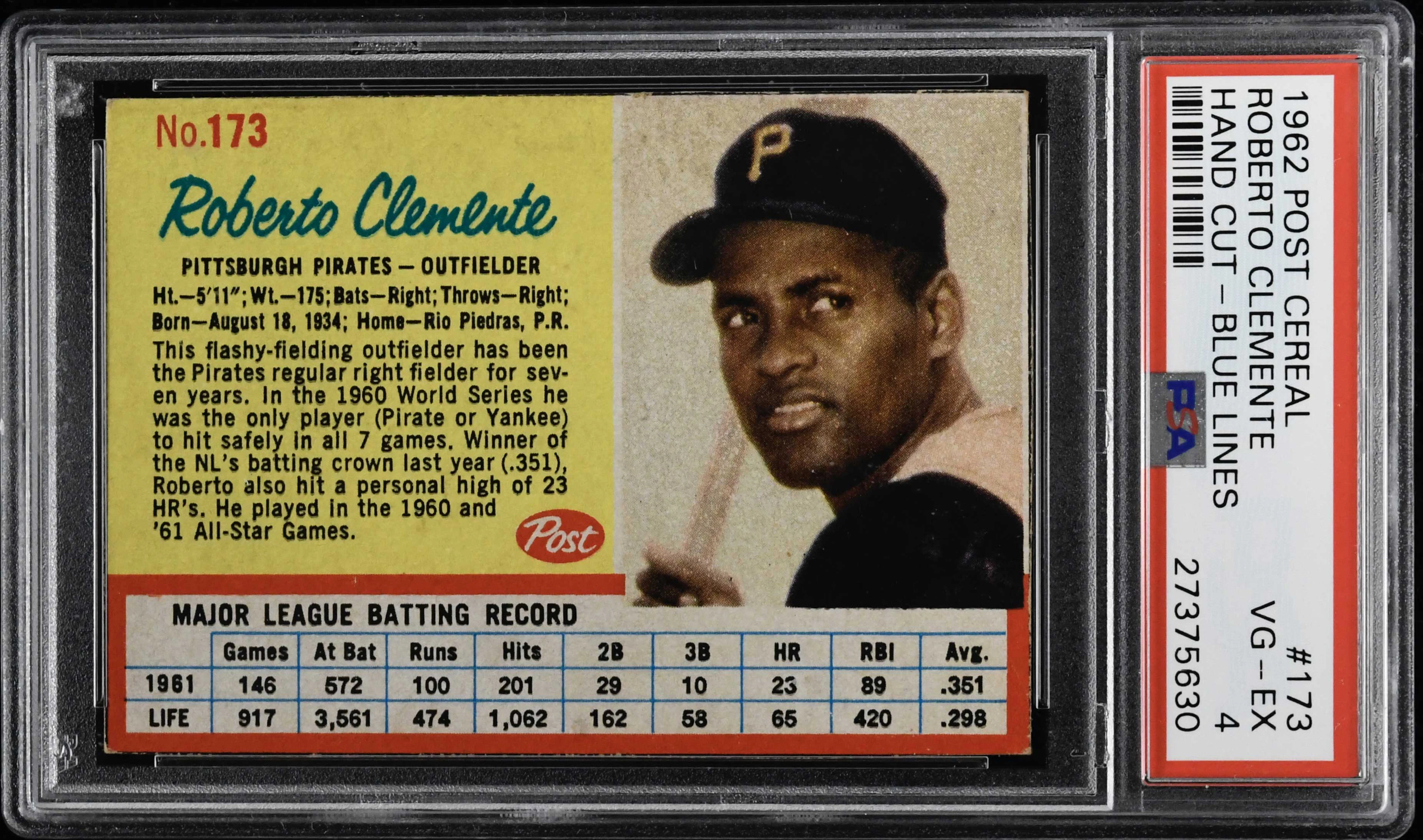 "1962 Post Cereal #173 Roberto Clemente