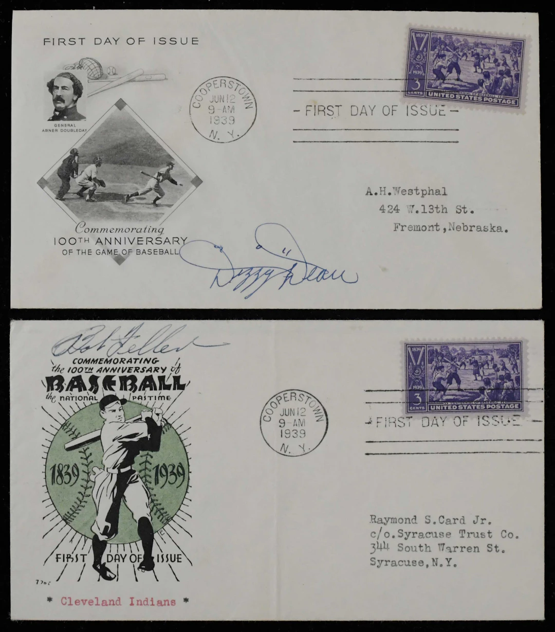 "Dizzy Dean and Bob Feller autographed 1939 Centennial cachets (Sigs
