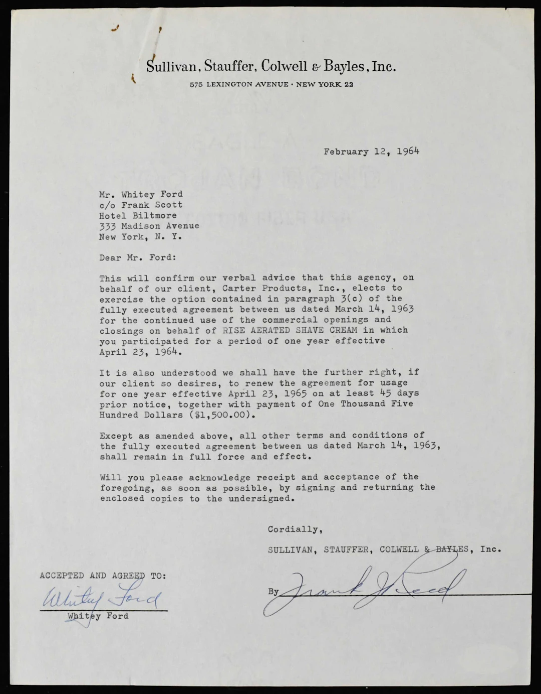 1964 Whitey Ford autographed endorsement agreement (PSA/DNA) (Sig
