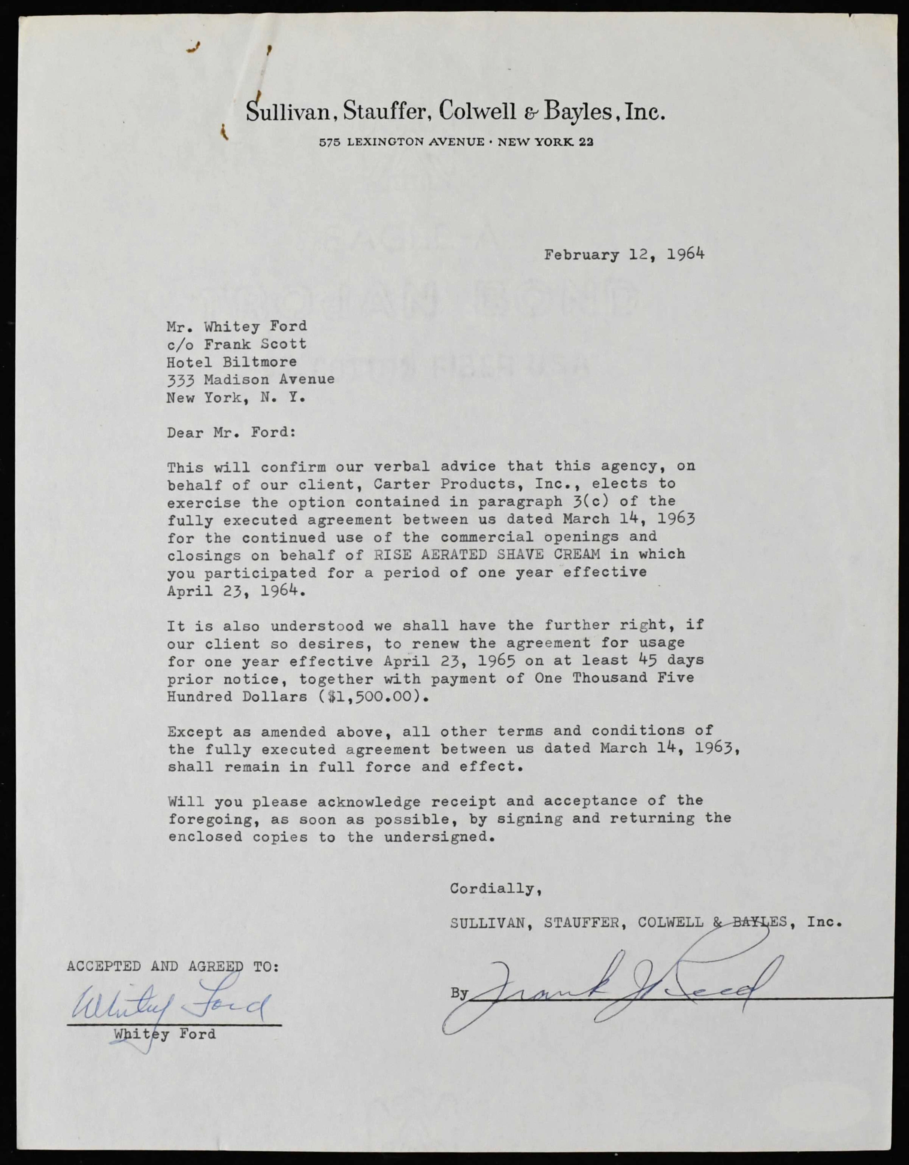 1964 Whitey Ford autographed endorsement agreement (PSA/DNA) (Sig