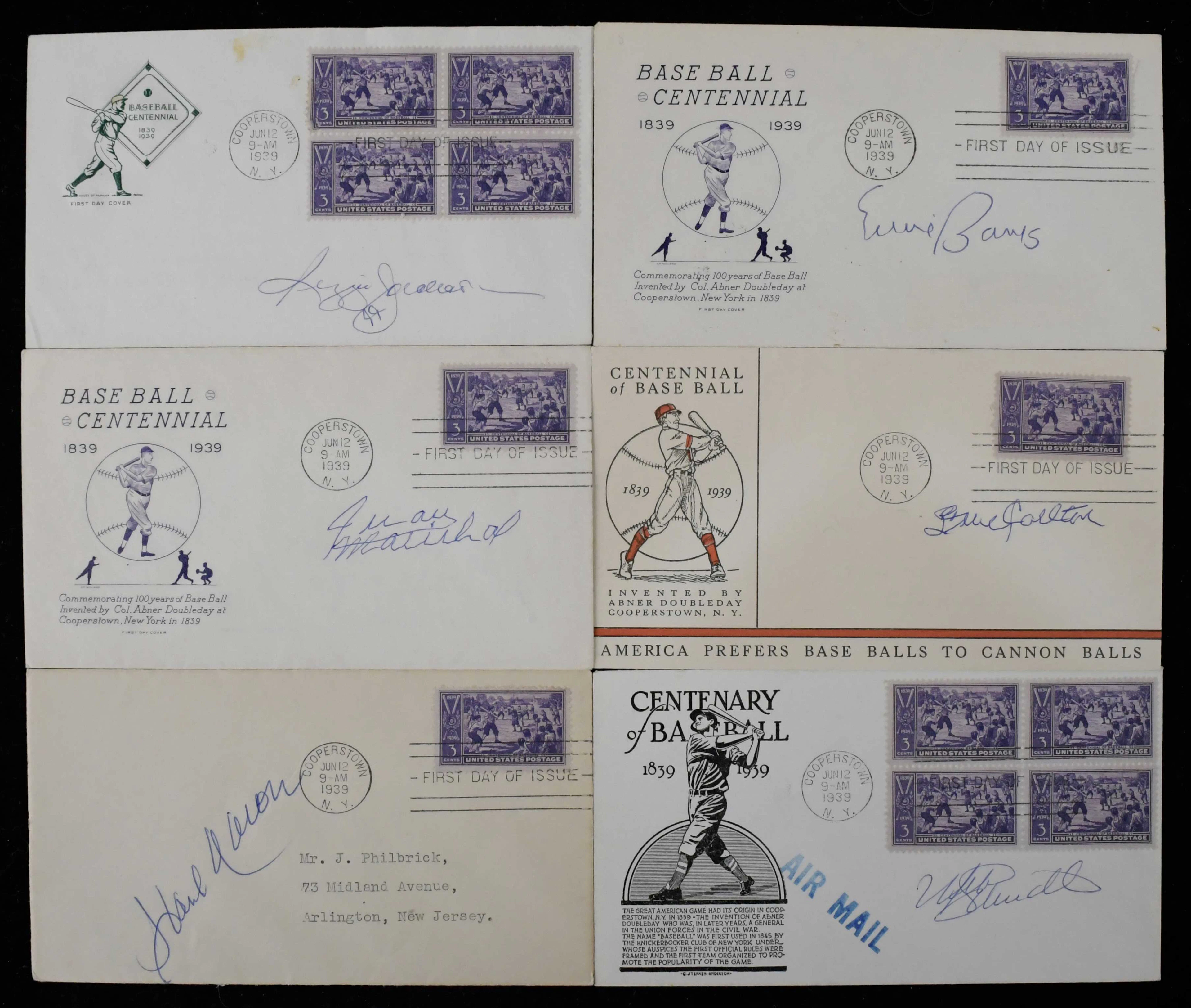 "Lot of (6) Hall of Famer autographed 1939 Centennial cachets (Sigs